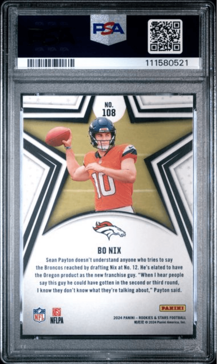 Graded 2024 Panini Rookies & Stars Bo Nix #108 Rookie RC Football Card PSA 10 Gem Mint