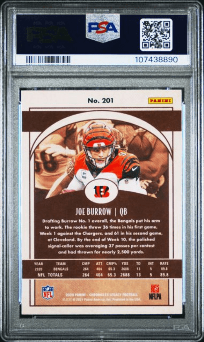 Graded 2020 Panini Chronicles Joe Burrow #201 Legacy Rookie RC Football Card PSA 10 Gem Mint