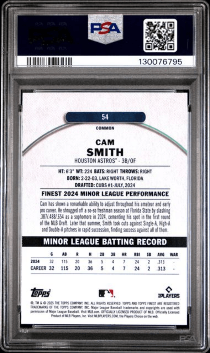 Graded 2025 Topps Finest Cam Smith #54 Blue Refractor /200 Rookie RC Baseball Card PSA 10 Gem Mint