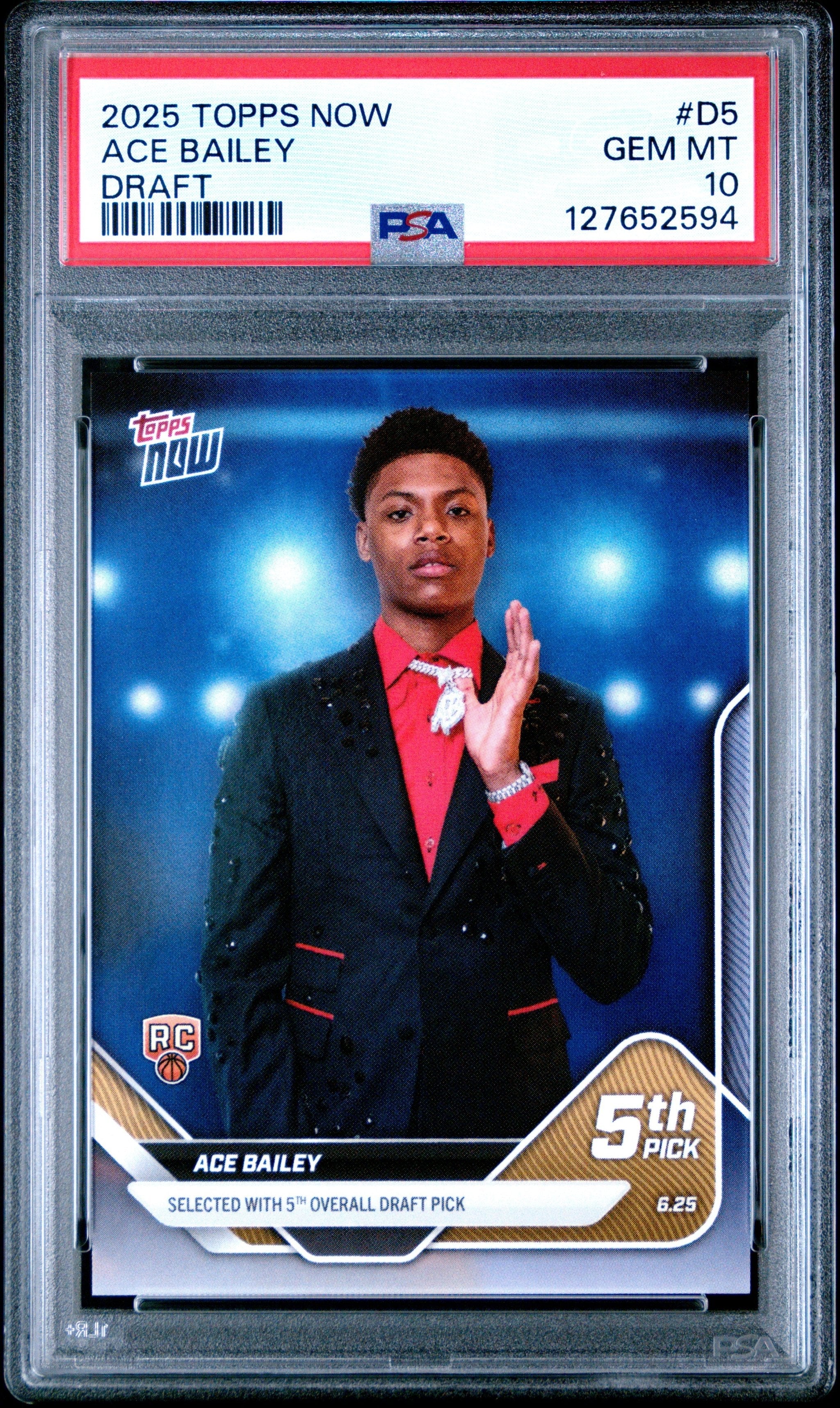 Graded 2025 Topps Now Ace Bailey #D5 Draft Rookie RC Basketball Card PSA 10 Gem Mint