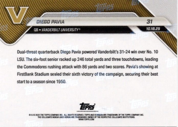 2025 Topps Bowman U Now Diego Pavia #31 Gold Foil /50 Vanderbilt Commodores Rookie RC Football Card