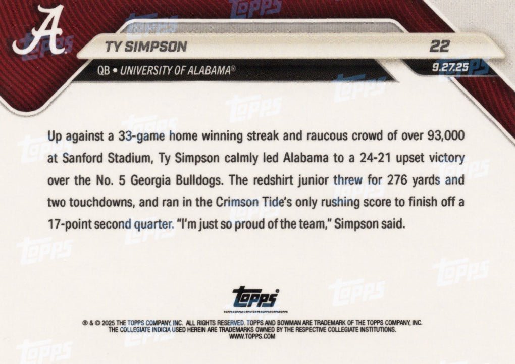 2025 Topps Bowman U Now Ty Simpson #22 Black Foil /10 Alabama Crimson Tide Rookie RC Football Card