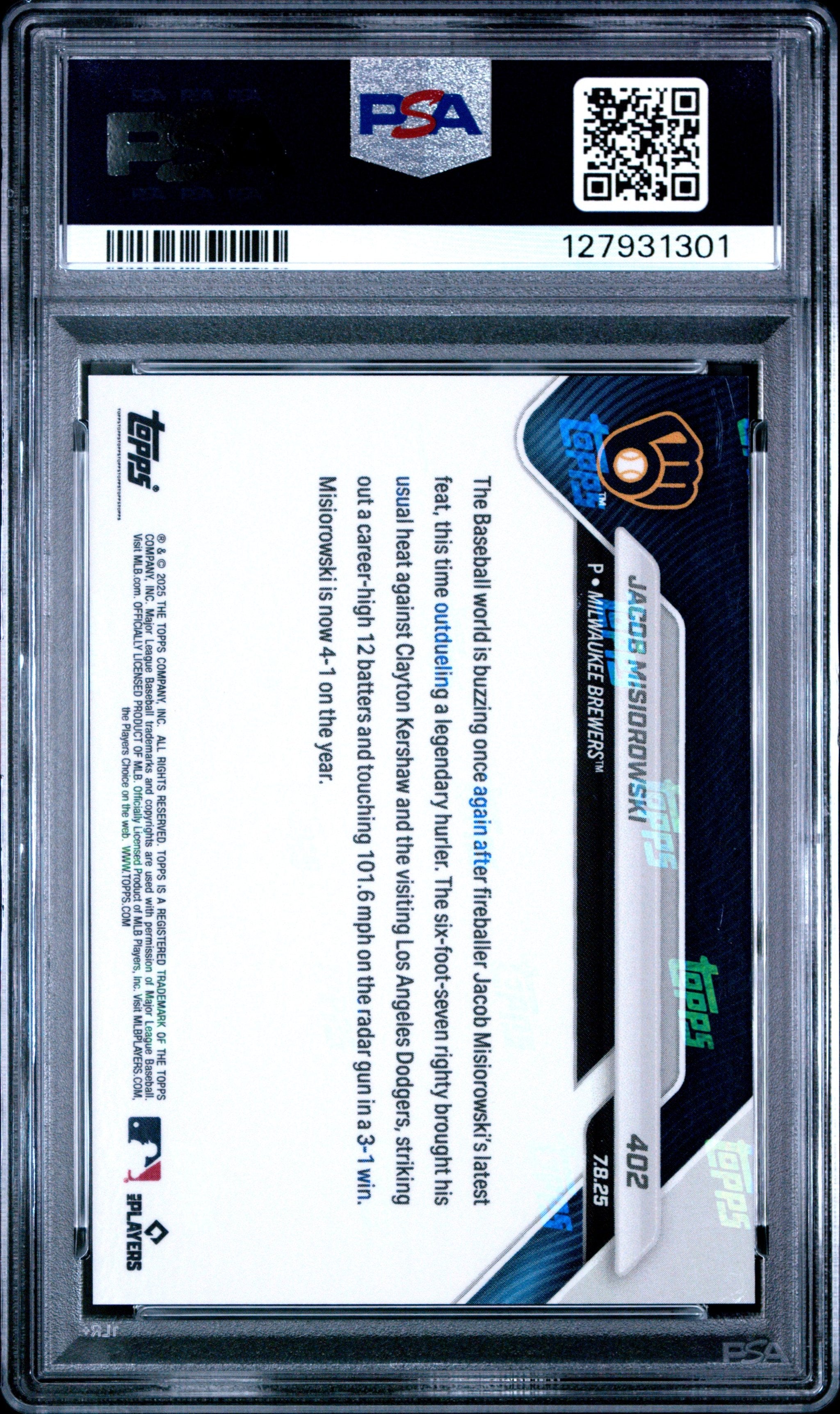 Graded 2025 Topps Now Jacob Misiorowski #402 Phenom Outduels Kershaw with Career High 12Ks in Win Rookie RC Baseball Card PSA 10 Gem Mint