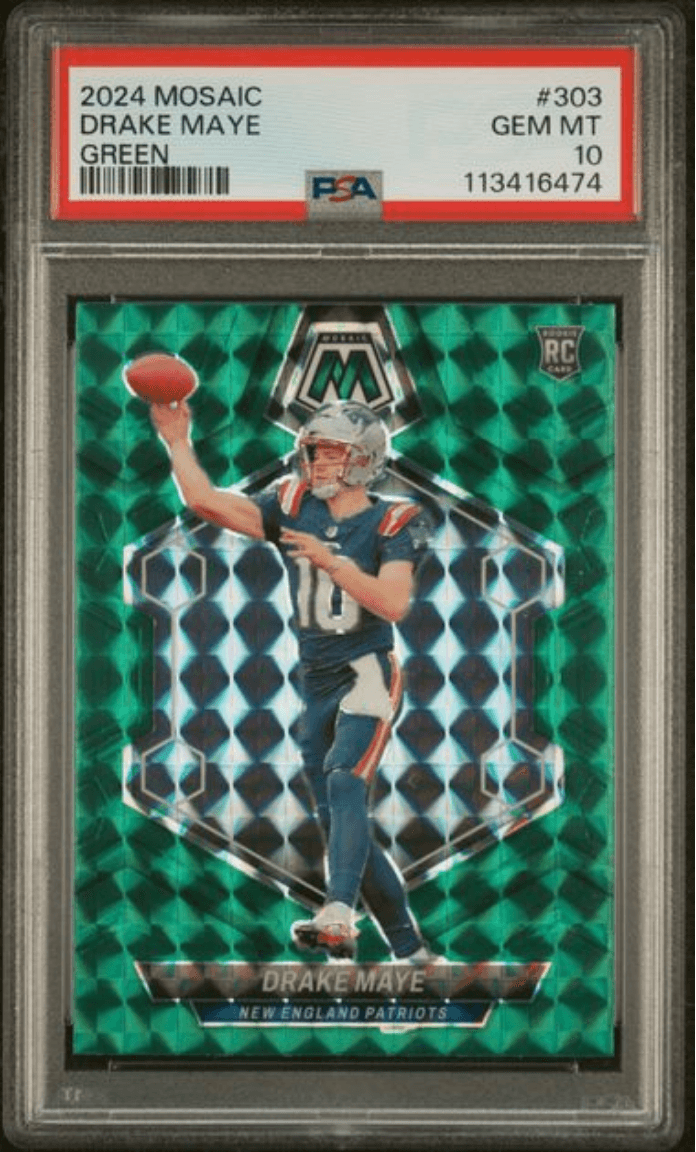 Graded 2024 Panini Mosaic Drake Maye #303 Green Rookie RC Football Card PSA 10 Gem Mint