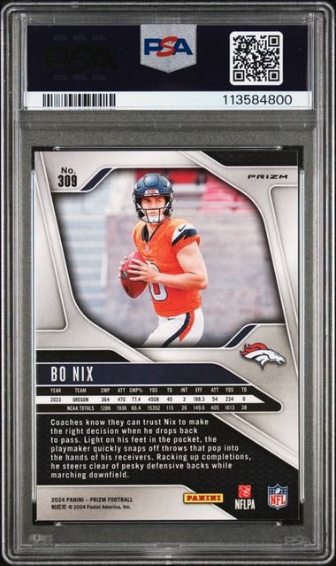 Graded 2024 Panini Prizm Bo Nix #309 Green Wave Rookie RC Football Card PSA 10 Gem Mint
