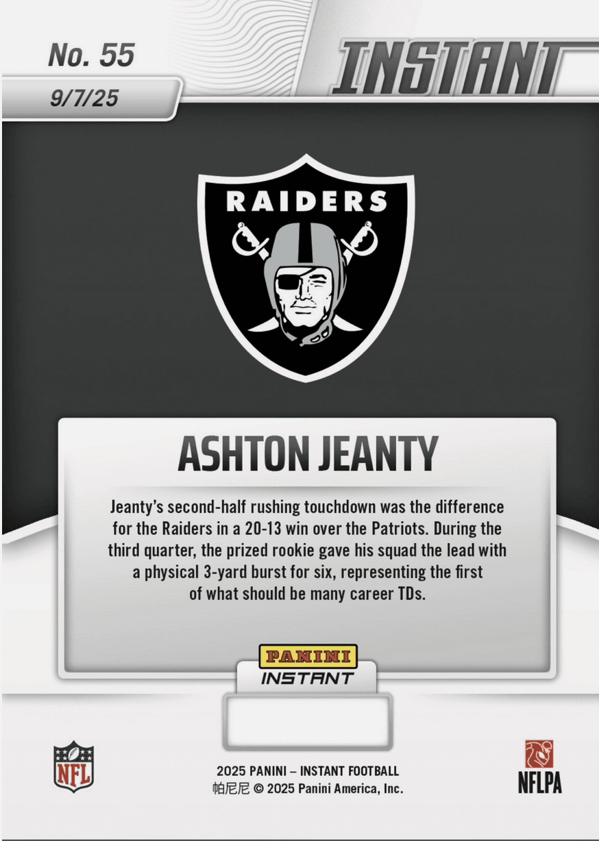 2025 Panini Instant NFL Ashton Jeanty #55 Auto /99 Las Vegas Raiders Rookie RC Football Card