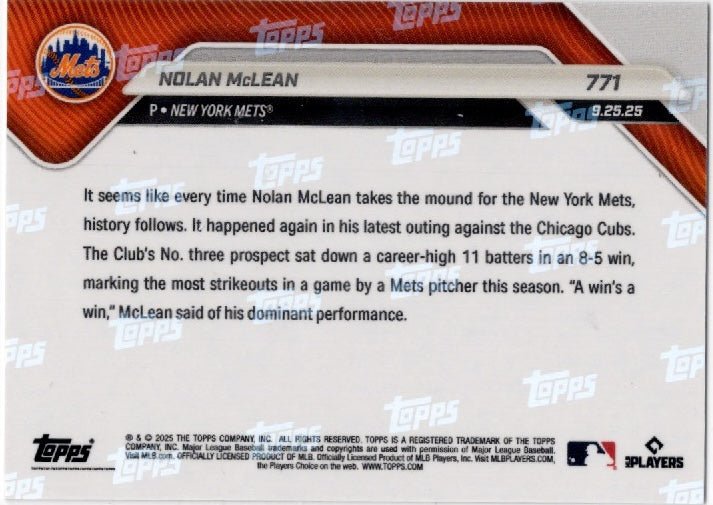 2025 Topps Now Nolan McLean #771 Black Foil /10 New York Mets Rookie RC Baseball Card