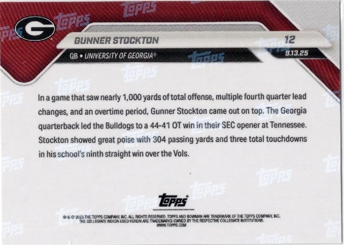 2025 Topps Bowman U Now Gunner Stockton #12 Gold Foil /50 Georgia Bulldogs Rookie RC Football Card
