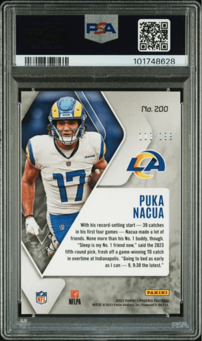 Graded 2023 Panini Phoenix Puka Nacua #200 Red Seismic /199 Rookie RC Football Card PSA 10 Gem Mint