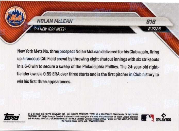 2025 Topps Now Nolan McLean #616 Gold Foil /50 New York Mets Rookie RC Baseball Card