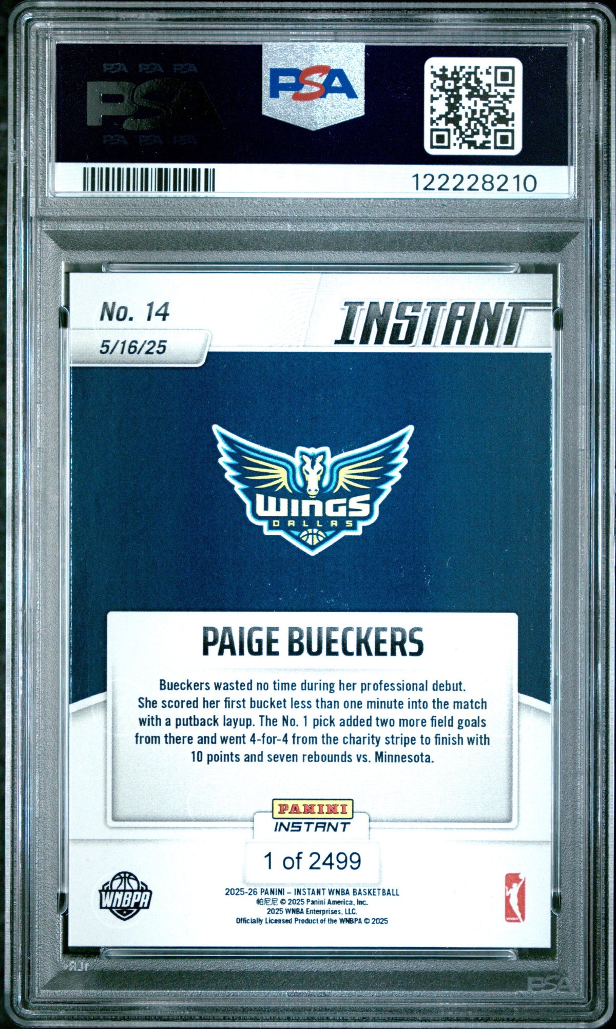 Graded 2025 Panini Instant Paige Bueckers #14 Rookie RC Basketball Card PSA 10 Gem Mint