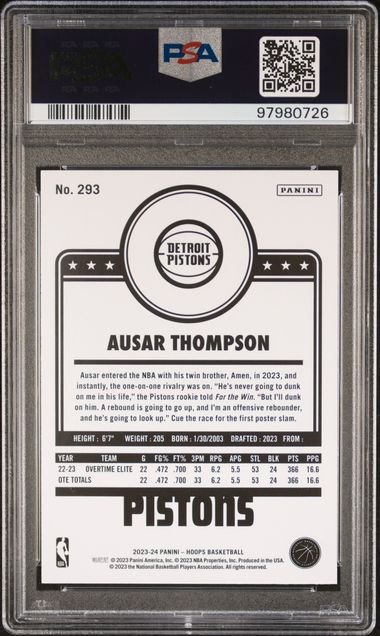 Graded 2023 Hoops Winter Ausar Thompson #293 Rookie RC Basketball Card PSA 10 Gem Mint