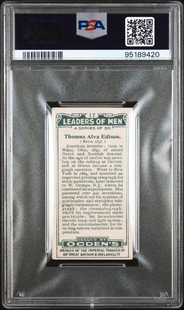 Graded 1924 Ogden's LTD. Leaders of Men Thomas Alva Edison #17 Baseball Tobacco Card PSA 7 Near Mint