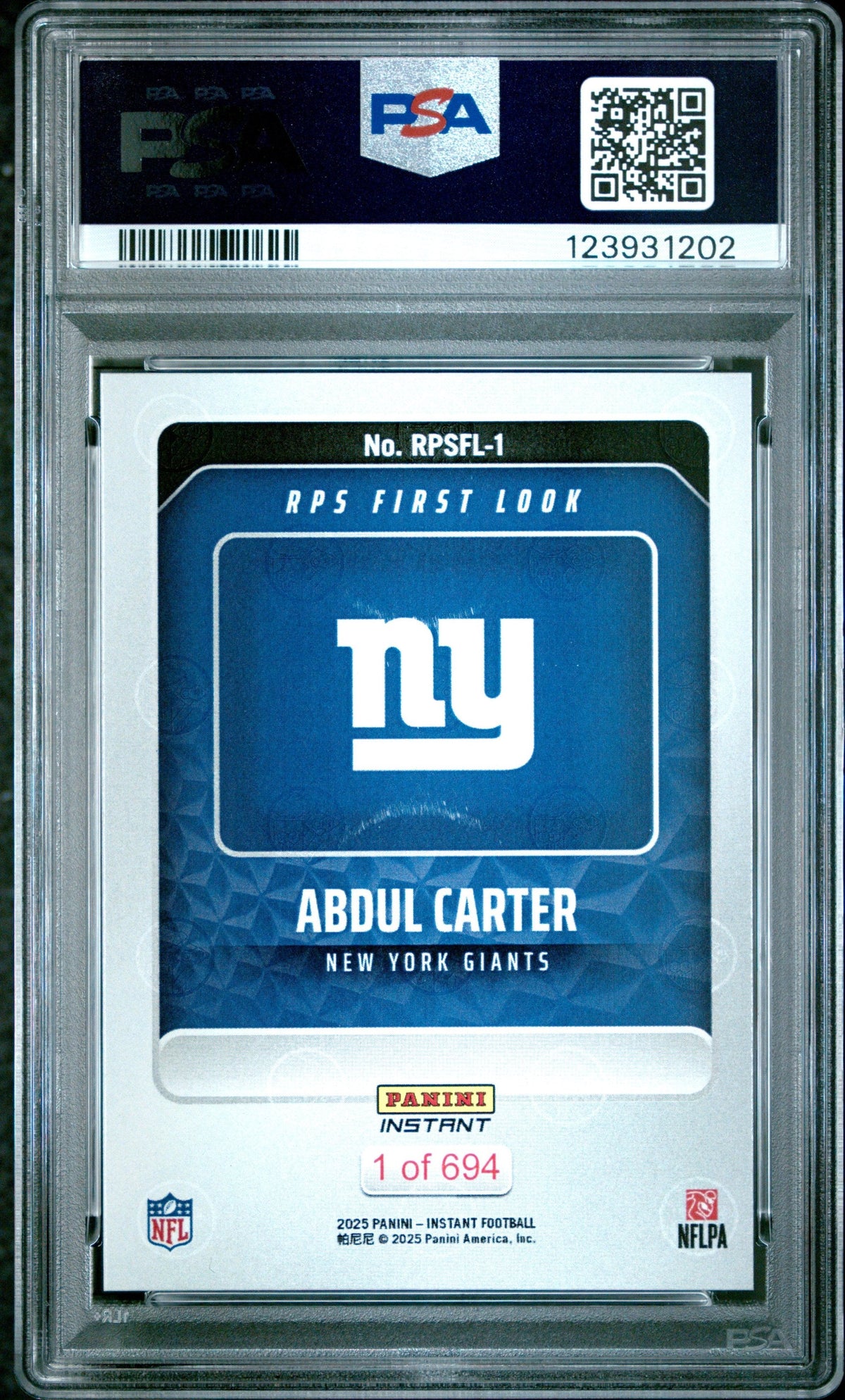 Graded 2025 Panini Instant Abdul Carter #RPSFL1 RPS First Look Rookie RC Football Card PSA 10 Gem Mint