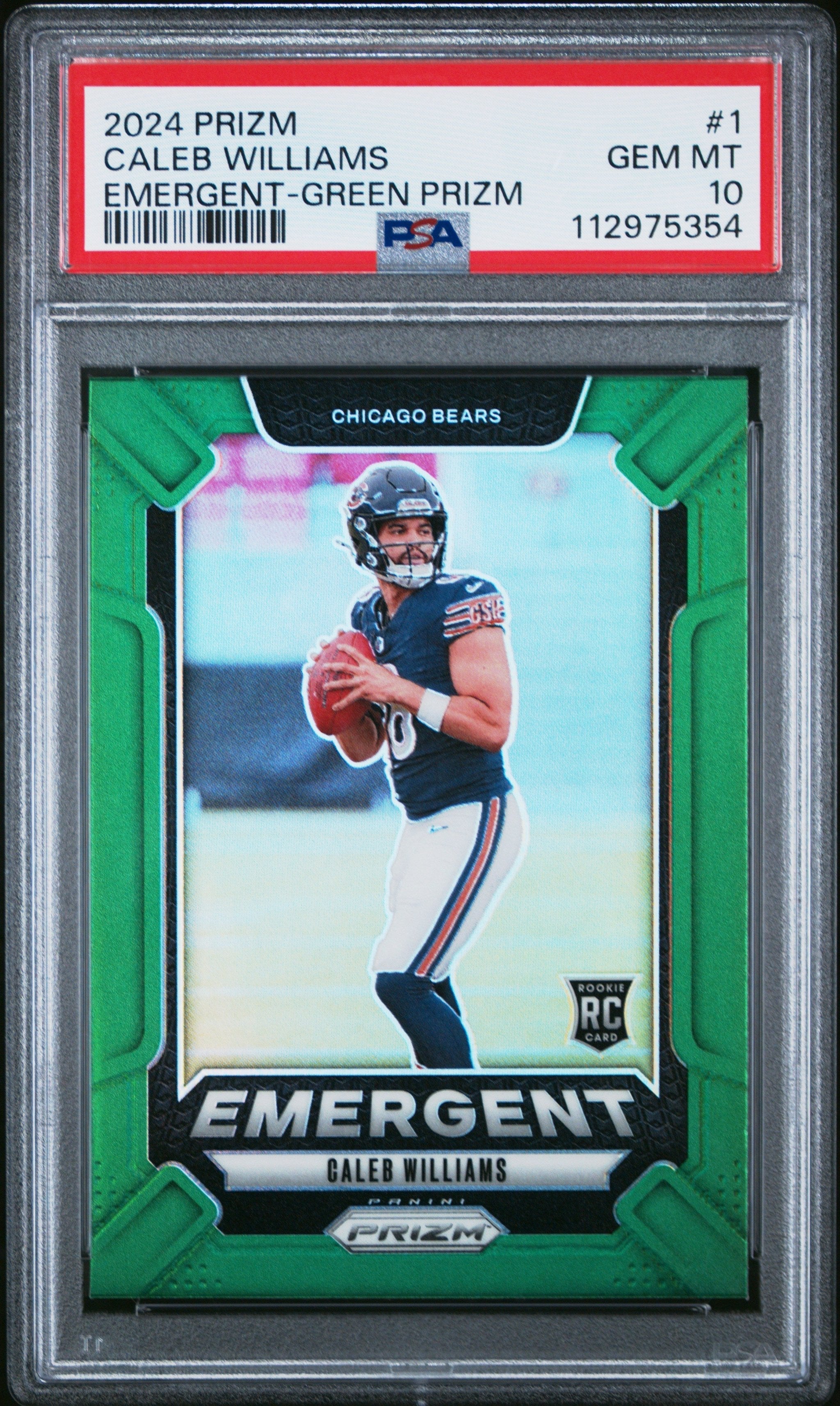Graded 2024 Panini Prizm Caleb Williams #1 Emergent Green Prizm Rookie RC Football Card PSA 10 Gem Mint