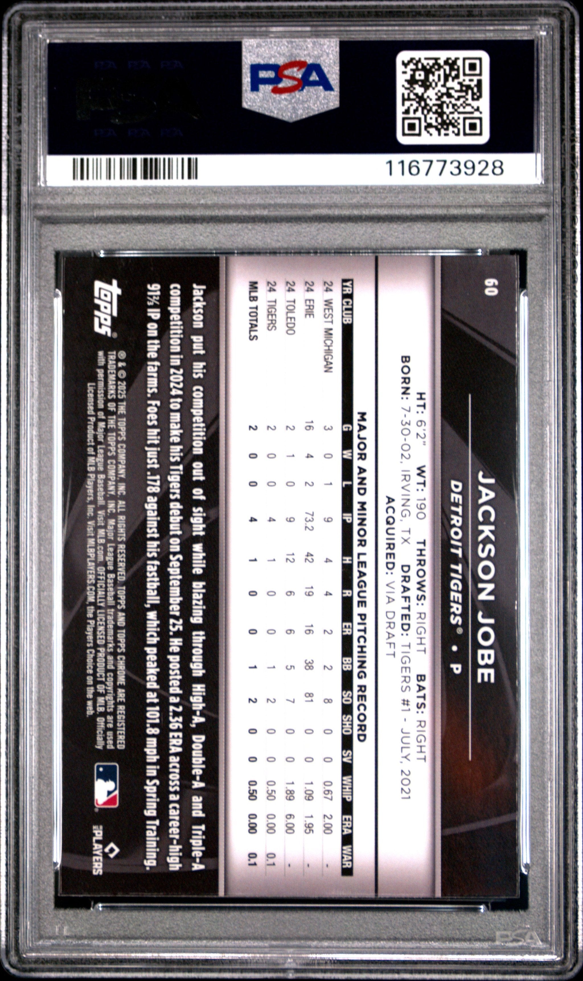 Graded 2025 Topps Chrome Black Jackson Jobe #60 Rookie RC Baseball Card PSA 10 Gem Mint