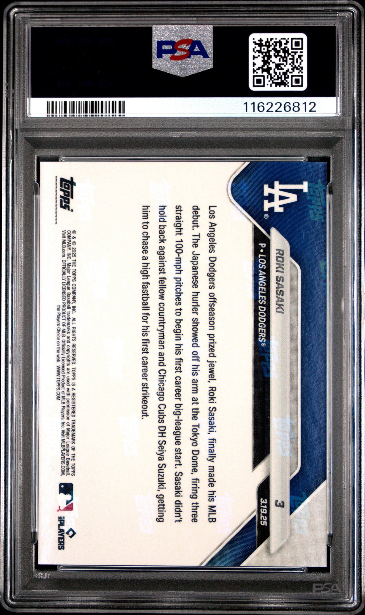 Graded 2025 Topps Now Roki Sasaki #3 Rookie RC Baseball Card PSA 10 Gem Mint