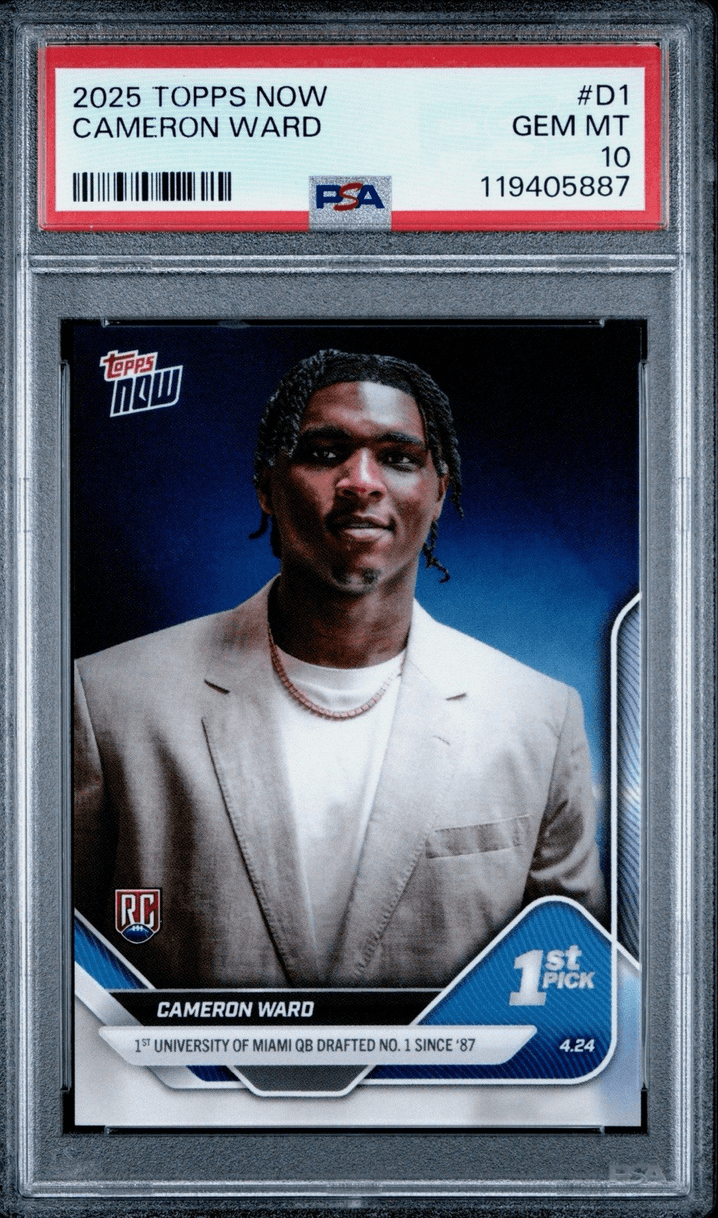 Graded 2025 Topps Now Cam Ward #D1 1st University of Miami QB Drafted Number 1 Since '87 Rookie RC Football Card PSA 10 Gem Mint