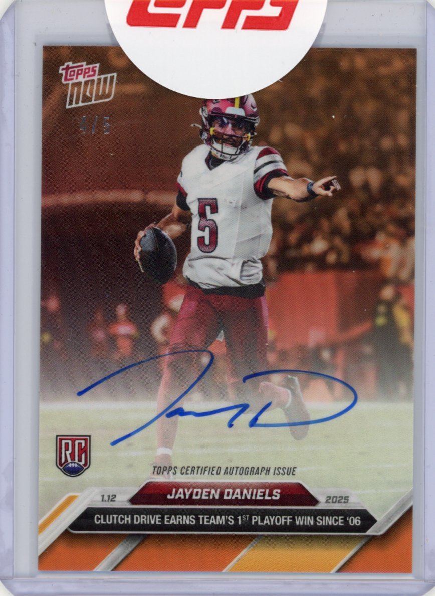 2024 Topps Now Jayden Daniels #22B 1st Playoff Win Orange Auto /5 Washington Commanders Rookie RC Football Card