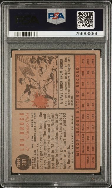 Graded 1962 Topps Star Rookie Lou Brock #387 Rookie RC Baseball Card PSA 2 Good