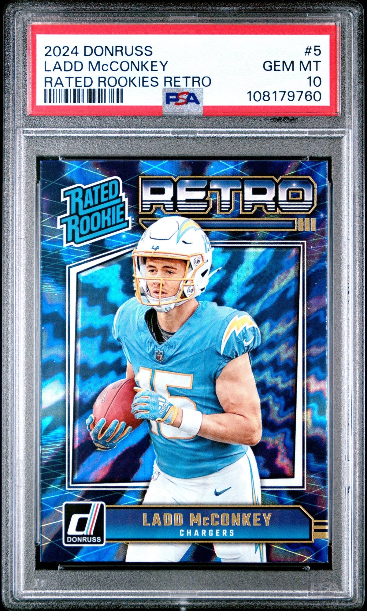 Graded 2024 Panini Donruss Ladd McConkey #5 Rated Rookies Retro Rookie RC Football Card PSA 10 Gem Mint
