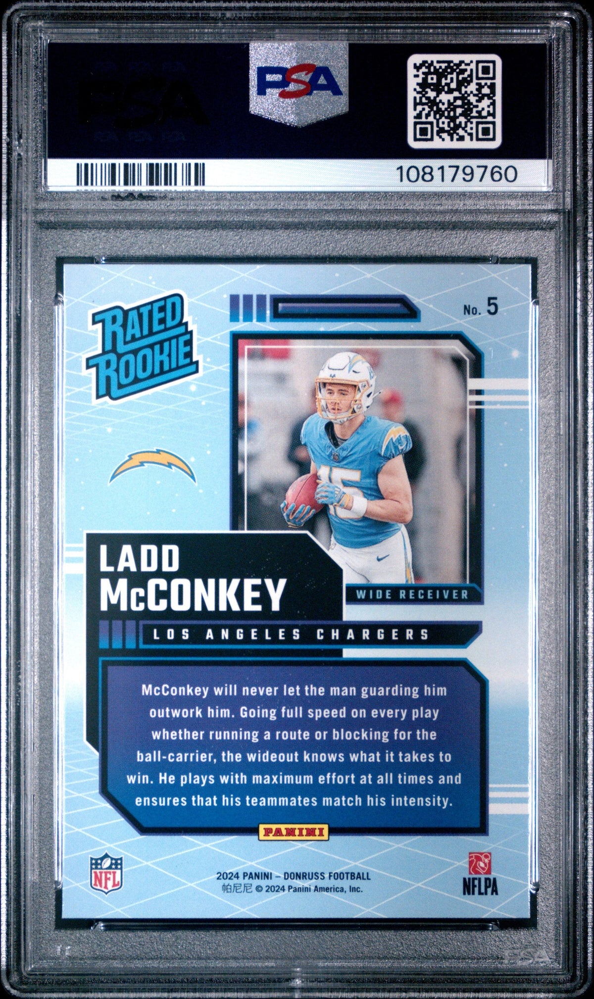 Graded 2024 Panini Donruss Ladd McConkey #5 Rated Rookies Retro Rookie RC Football Card PSA 10 Gem Mint