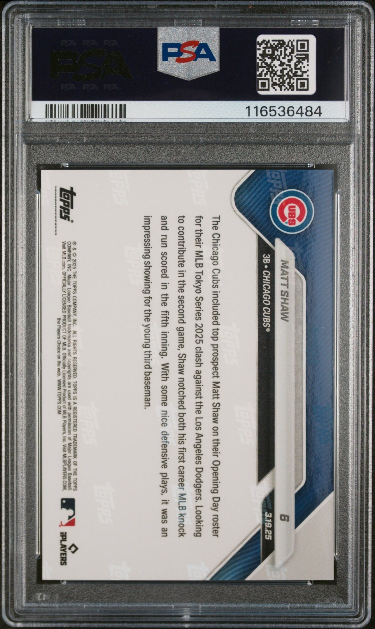 Graded 2025 Topps Now Matt Shaw #6 Rookie RC Baseball Card PSA 10 Gem Mint