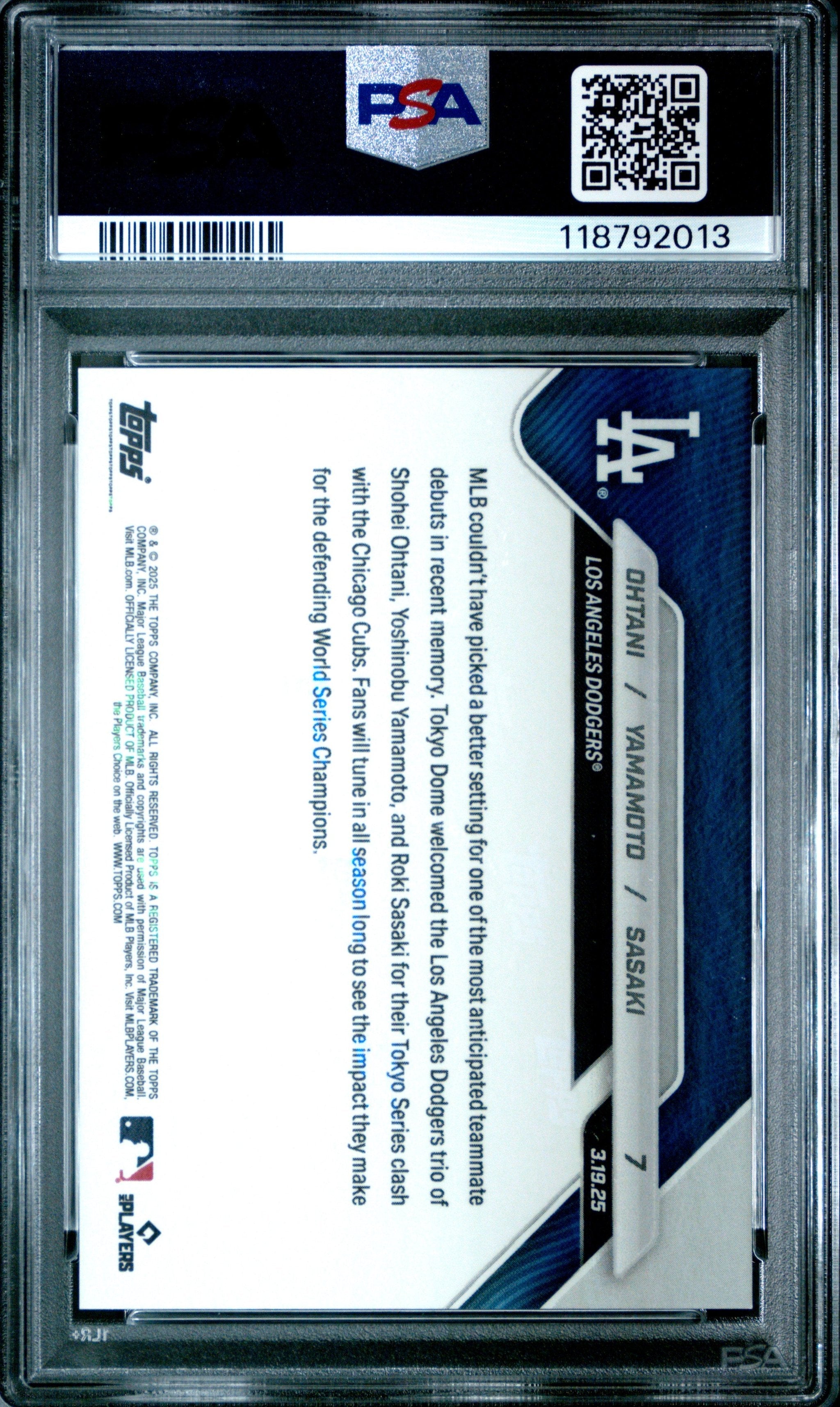 Graded 2025 Topps Now Shohei Ohtani/Yoshinobu Yamamoto/Roki Sasaki #7 Baseball Card PSA 10 Gem Mint