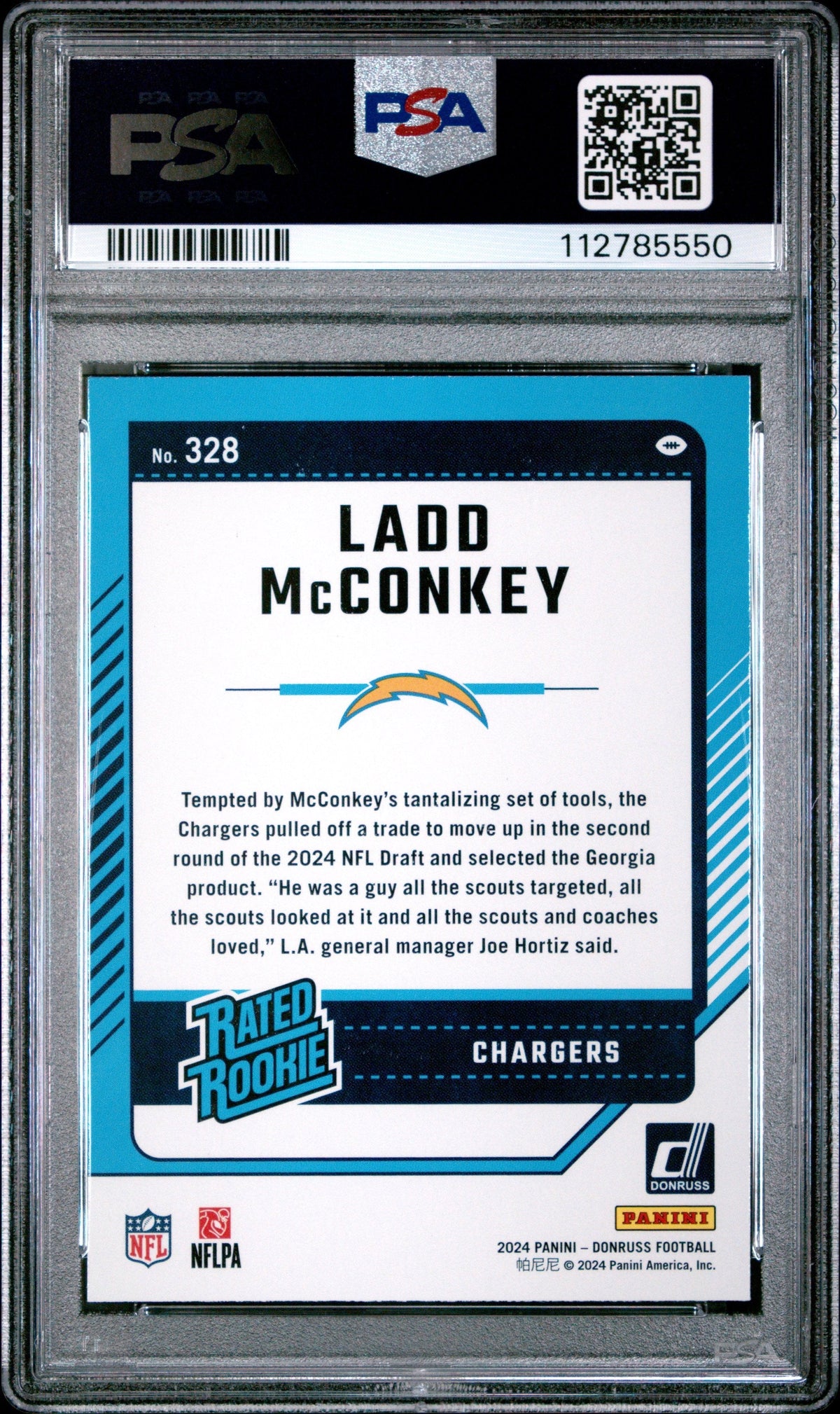 Graded 2024 Panini Donruss Ladd McConkey #328 Rookie RC Football Card PSA 10 Gem Mint