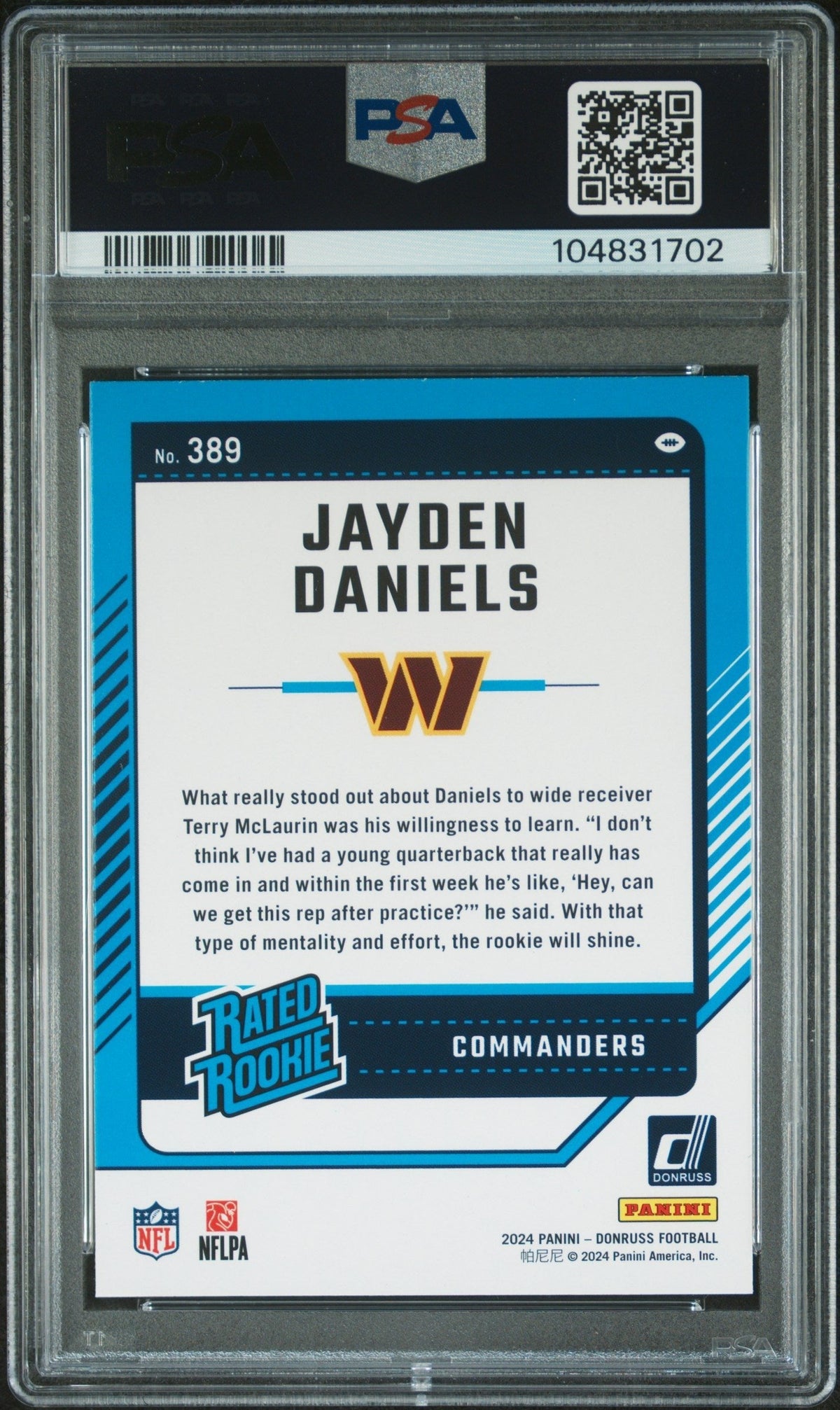 Graded 2024 Panini Donruss Jayden Daniels #389 Rookie RC Football Card PSA 10 Gem Mint