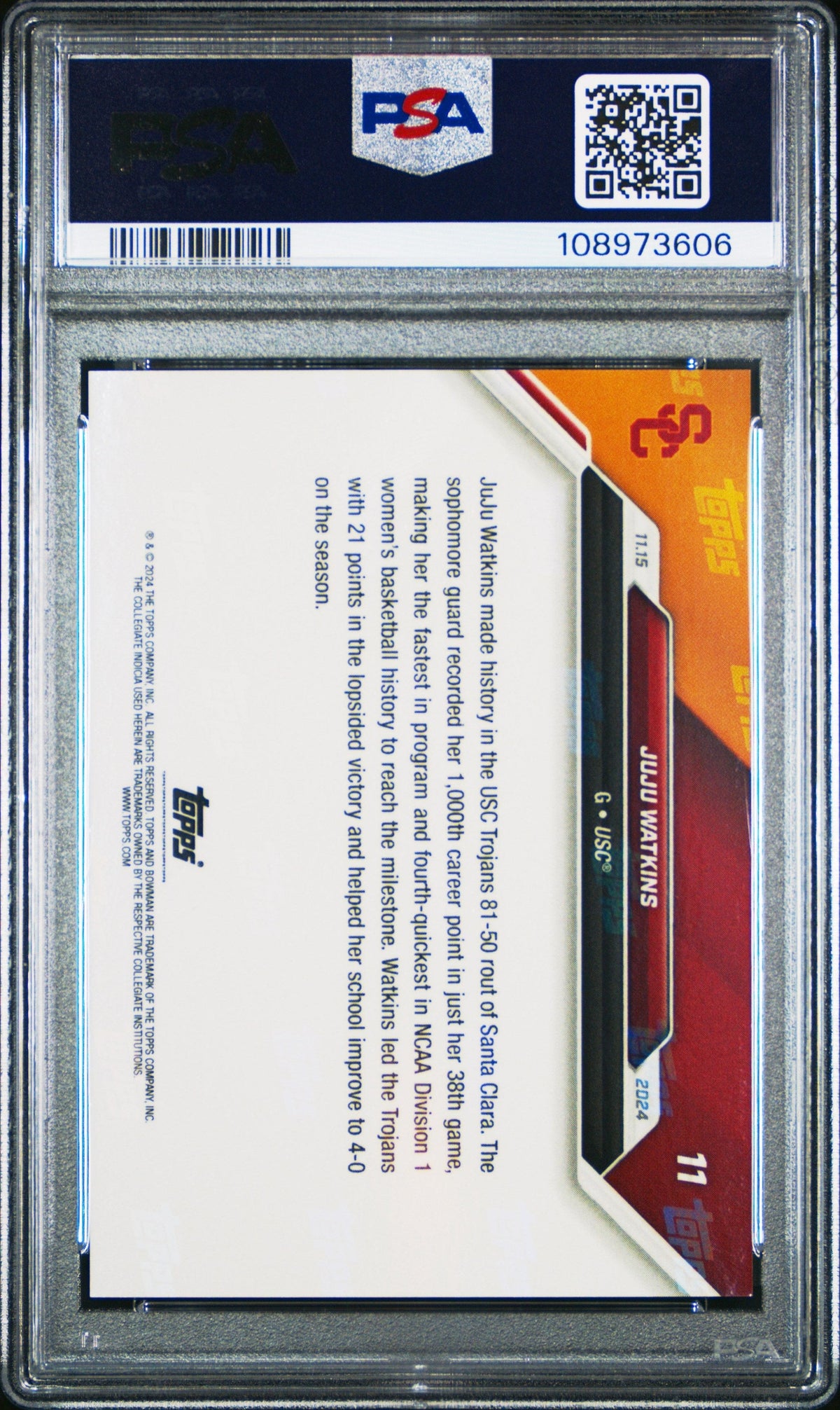 Graded 2024 Topps Bowman U Now JuJu Watkins #11 Rookie RC Basketball Card PSA 10 Gem Mint