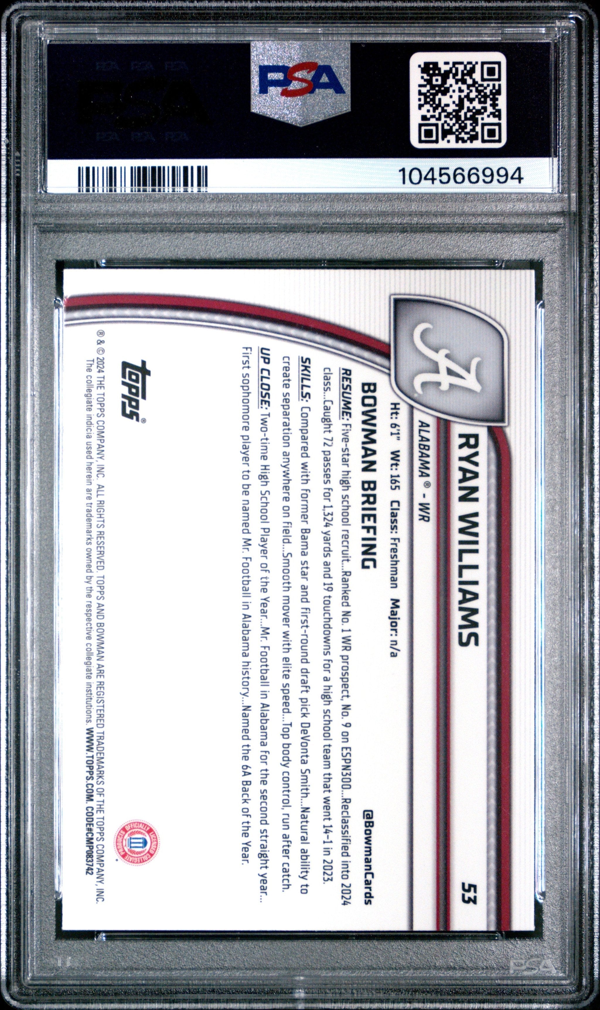 Graded 2024 Topps Bowman U Chrome University Ryan Williams #53 Rookie RC Football Card PSA 10 Gem Mint