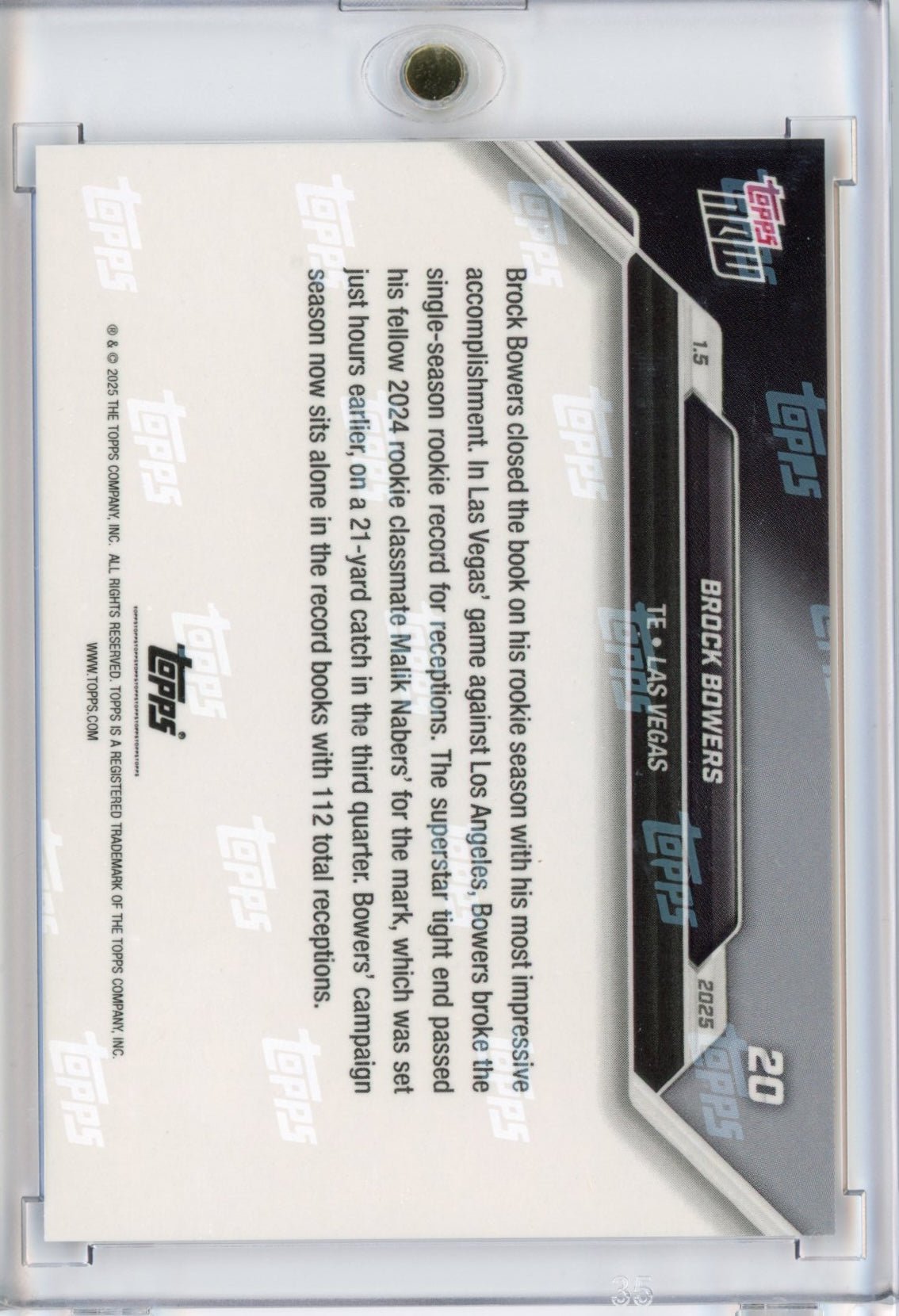 2024 Topps Now Brock Bowers #20 Purple #/25 Las Vegas Raiders Rookie RC Football Card