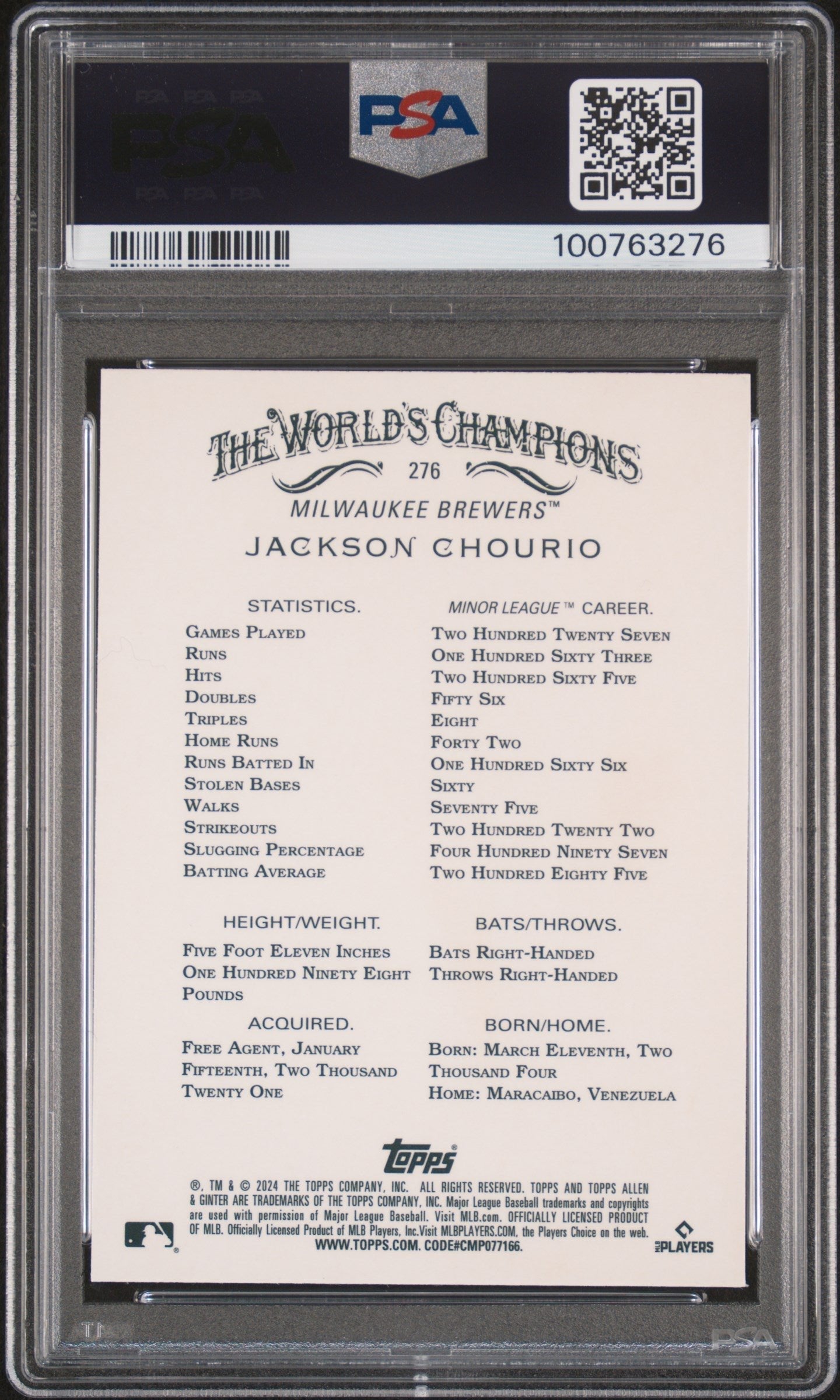 Graded 2024 Topps Allen & Ginter Jackson Chourio #276 Chrome Rookie RC Baseball Card PSA 10 Gem Mint