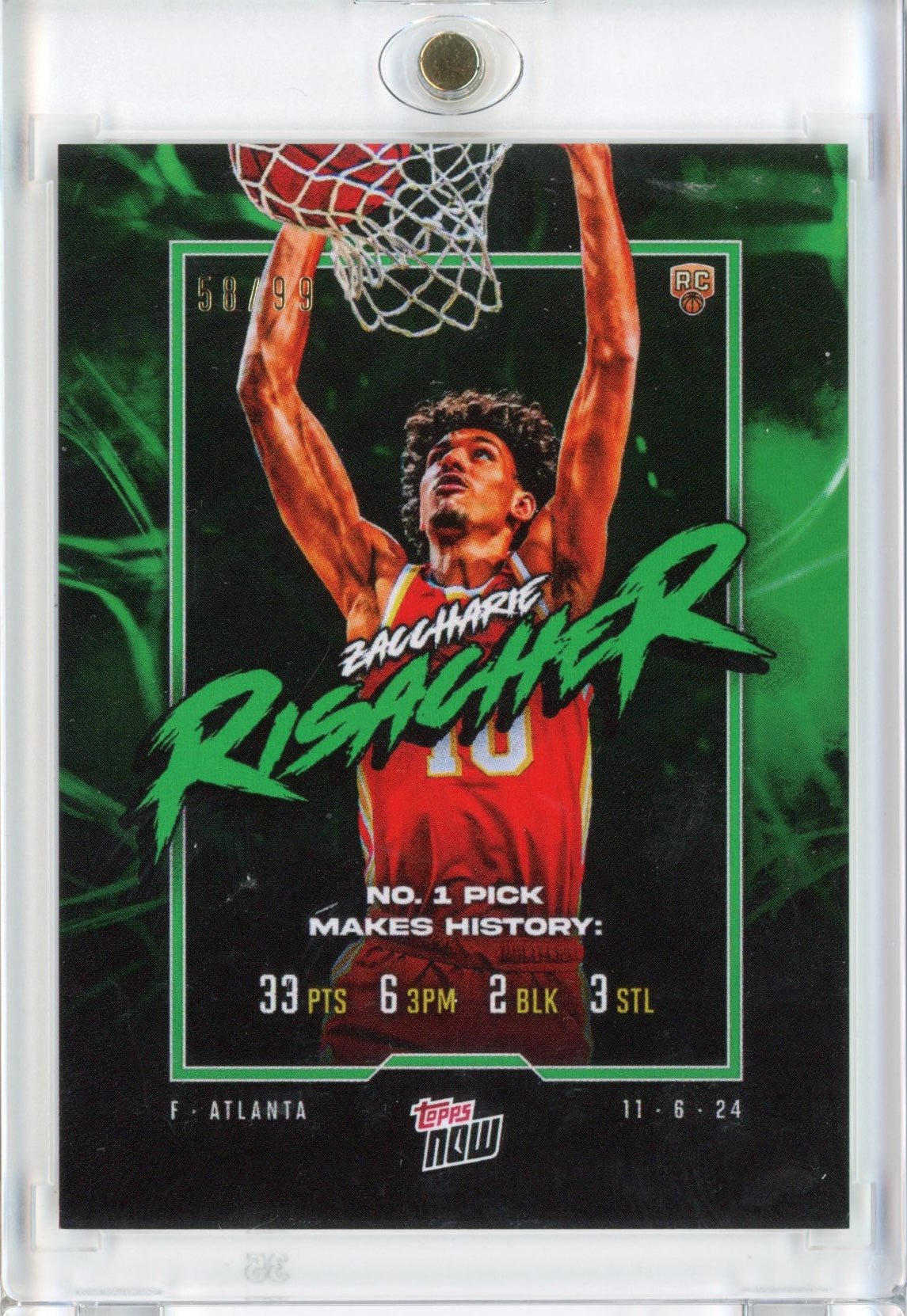 2024 Topps Now Zaccharie Risacher #5 Green #/99 Rookie RC Basketball Card