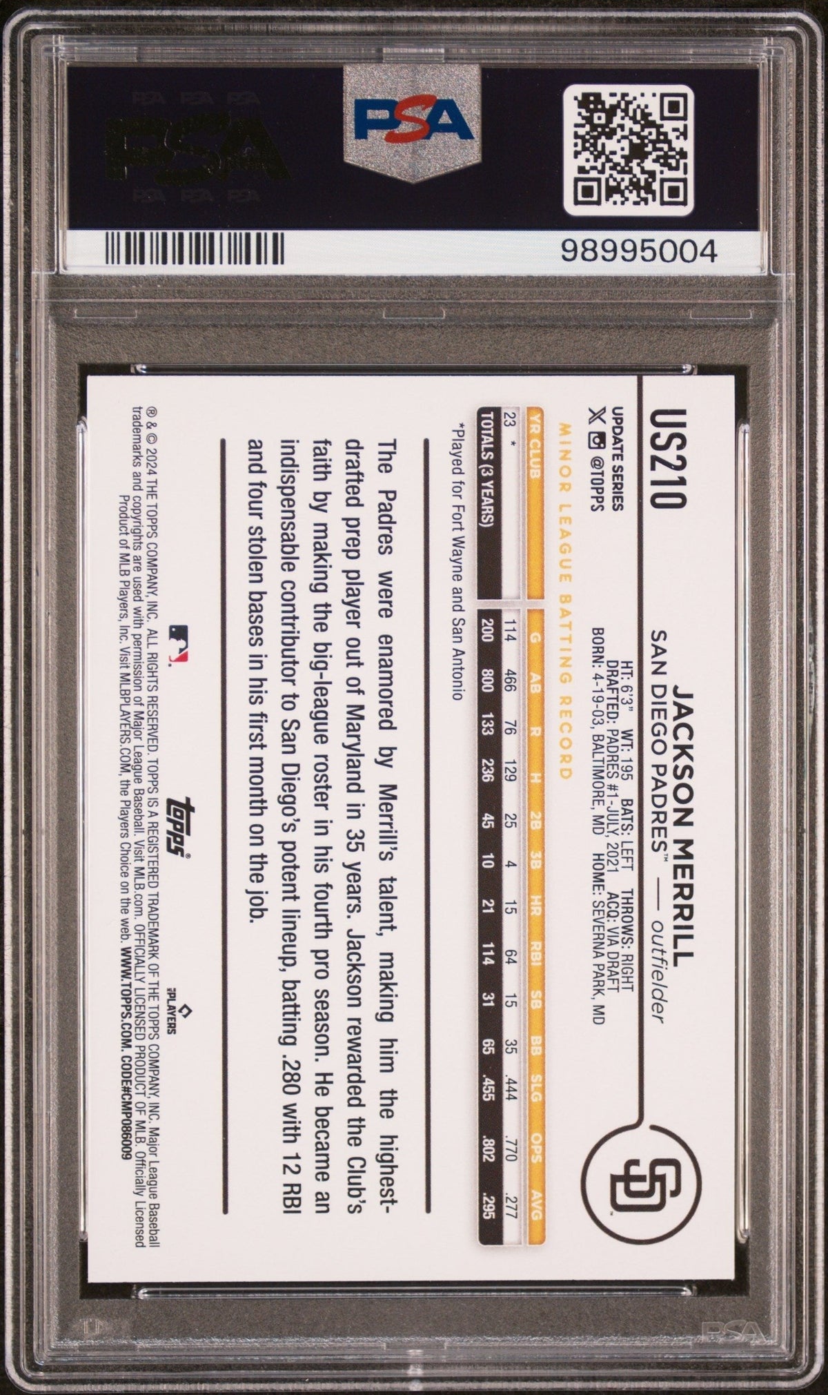Graded 2024 Topps Update Jackson Merrill #US210 Rookie RC Baseball Card PSA 10 Gem Mint