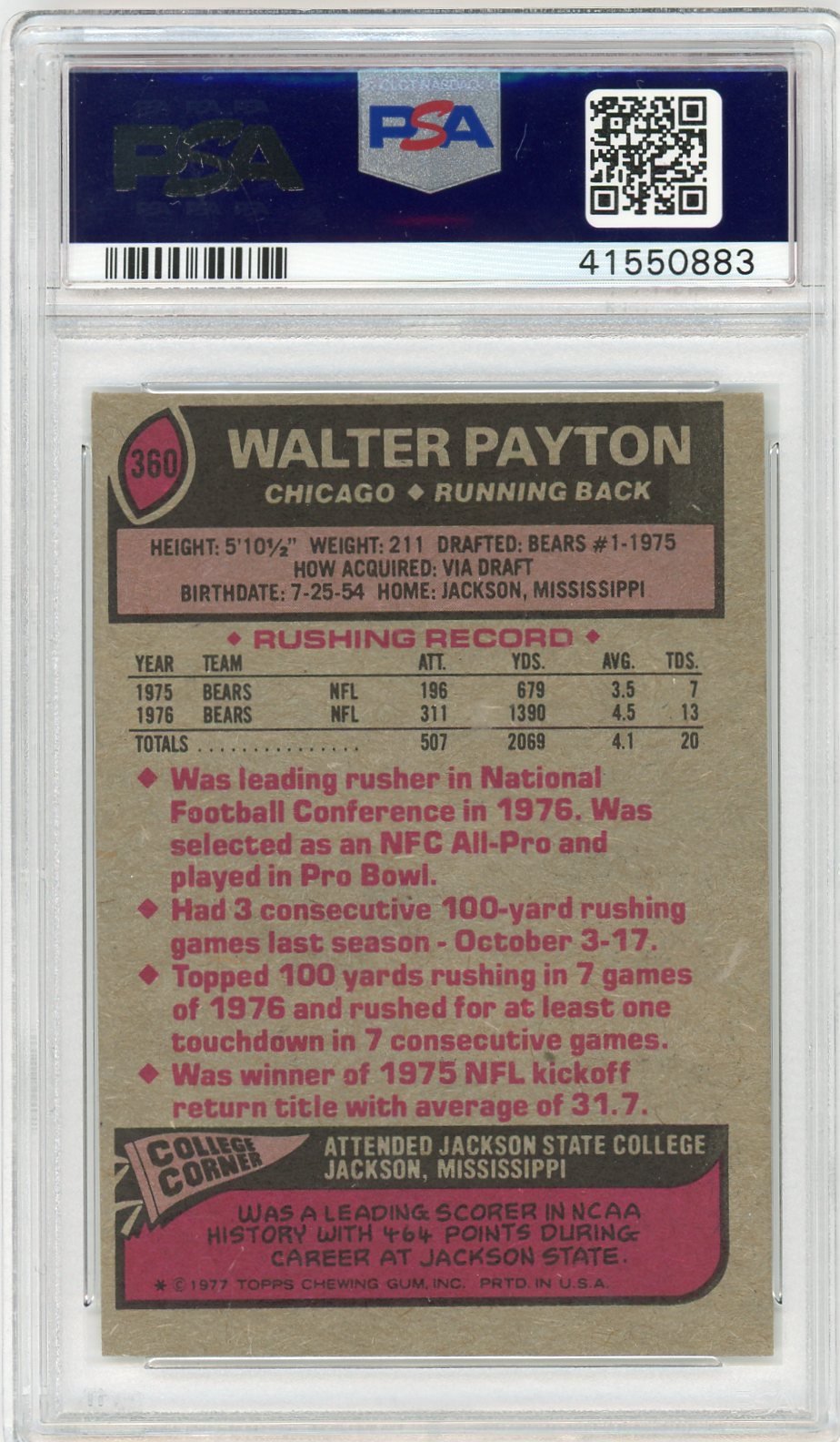 Graded 1977 Topps Walter Payton #360 2nd Year Football Card PSA 6 EX-MT