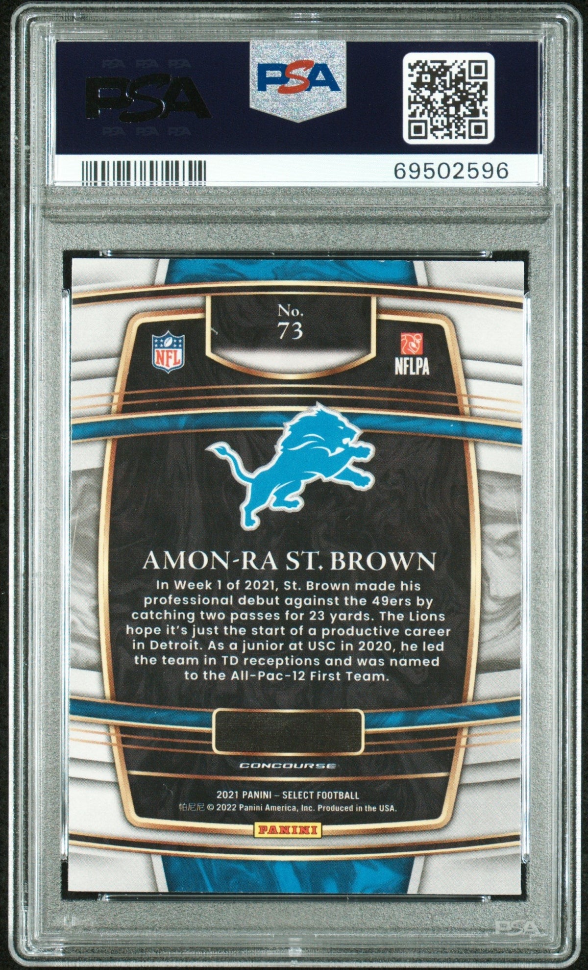 Graded 2021 Panini Select Amon-Ra St. Brown #73 Rookie RC Football Card PSA 10 Gem Mint