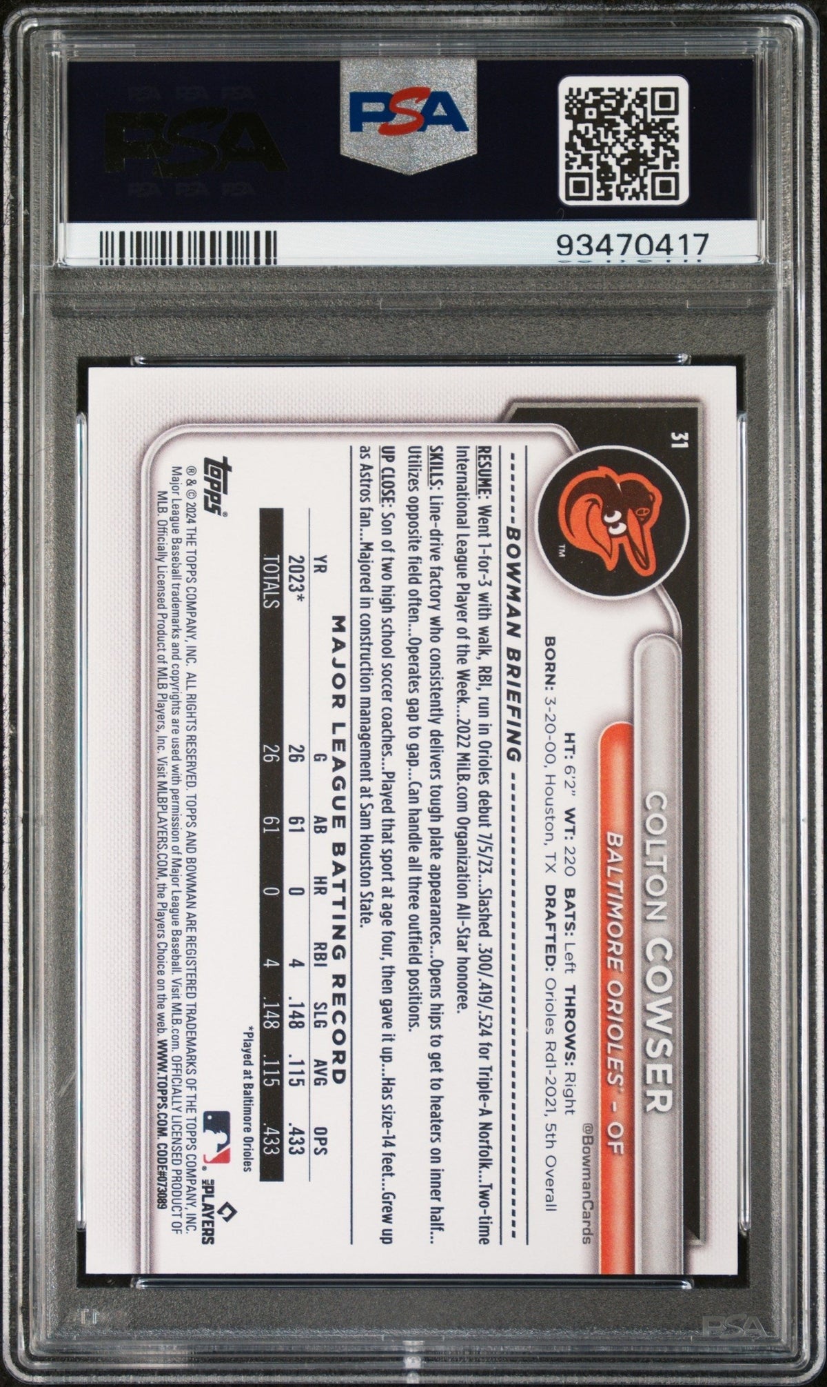 Graded 2024 Topps Bowman Colton Cowser #31 Rookie RC Baseball Card PSA 10 Gem Mint
