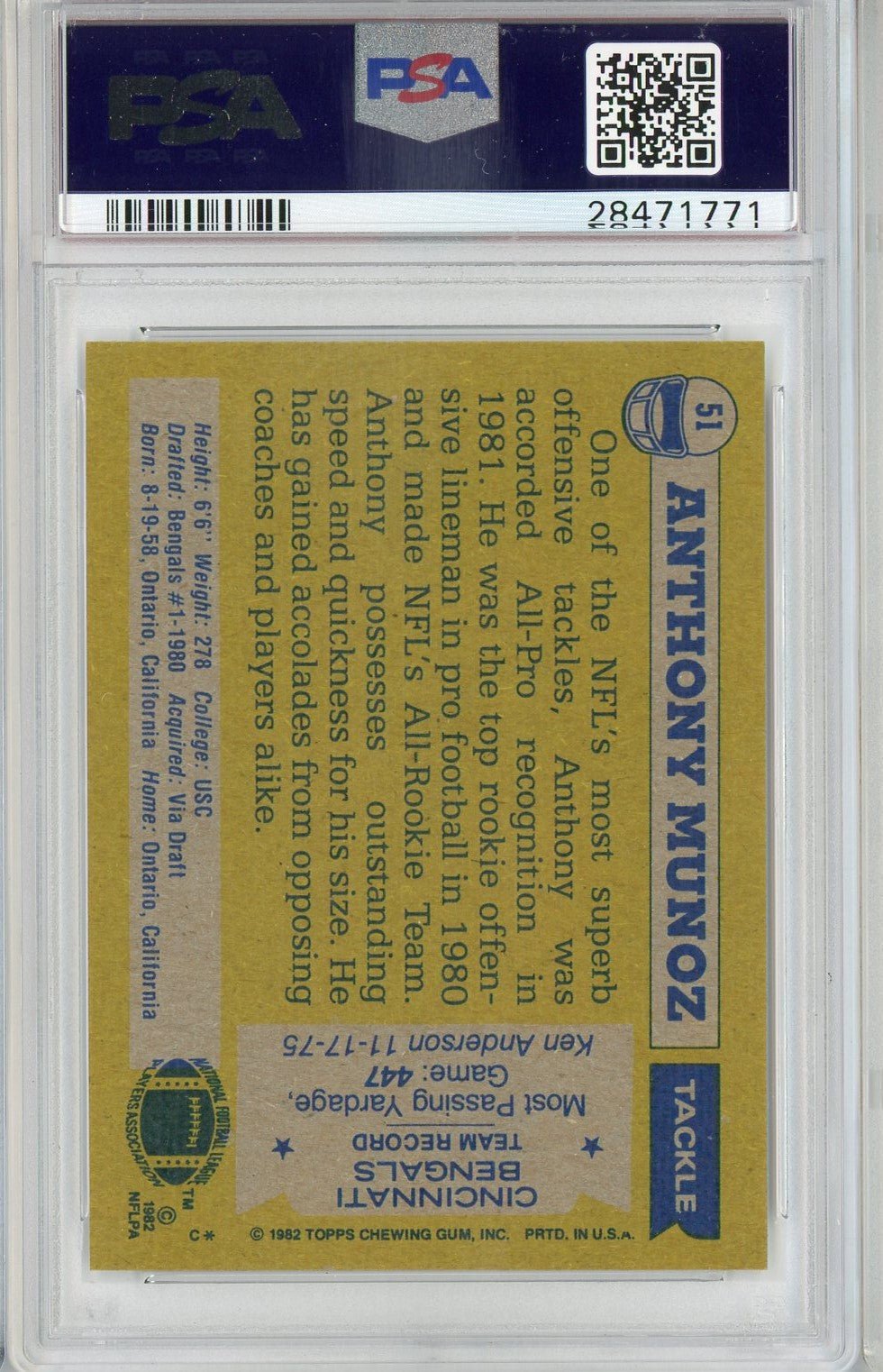 Graded 1982 Topps Anthony Munoz #51 Rookie RC Football Card PSA 9 Mint