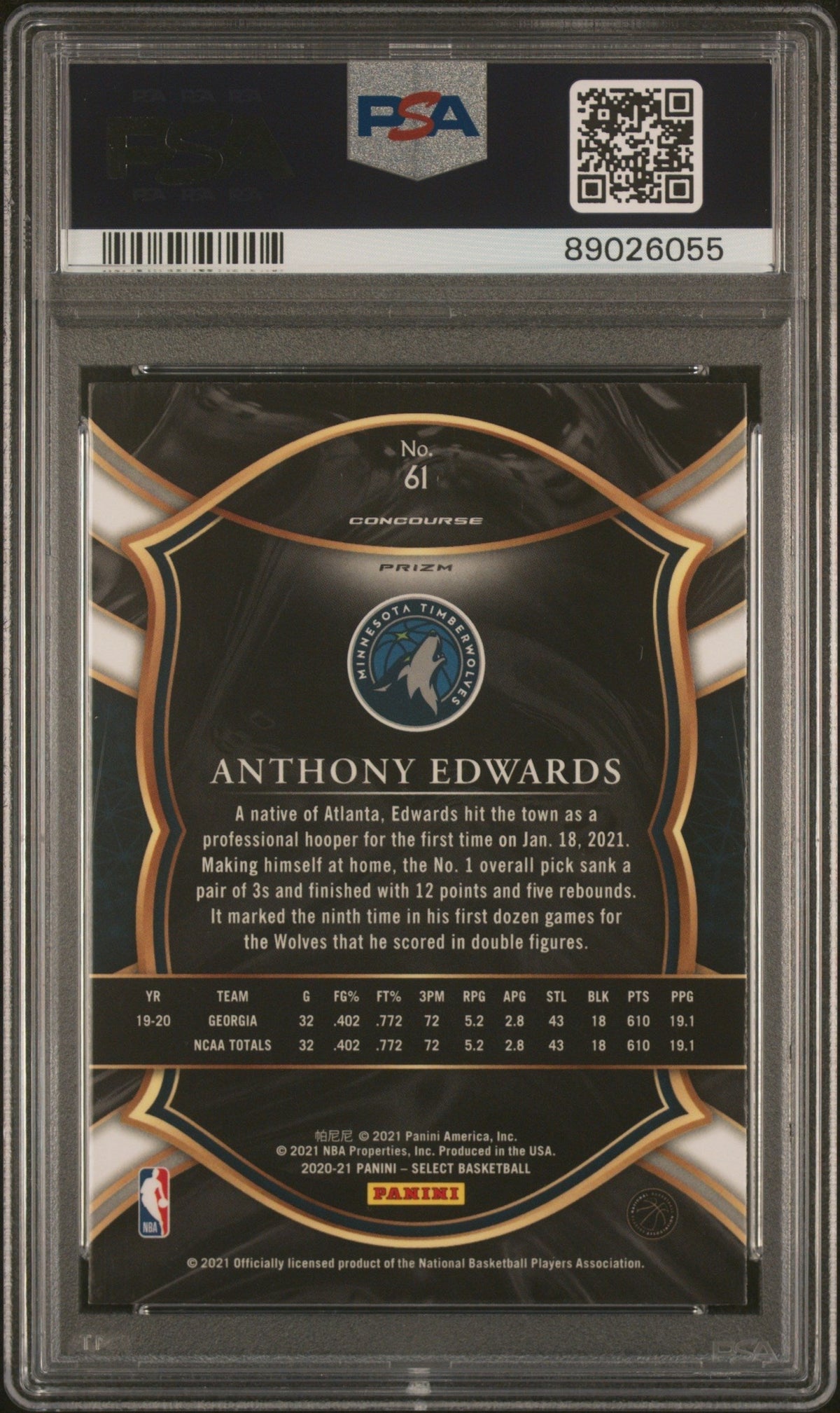 Graded 2020-21 Panini Select Anthony Edwards #61 Blue Prizm Rookie RC Basketball Card PSA 10 Gem Mint