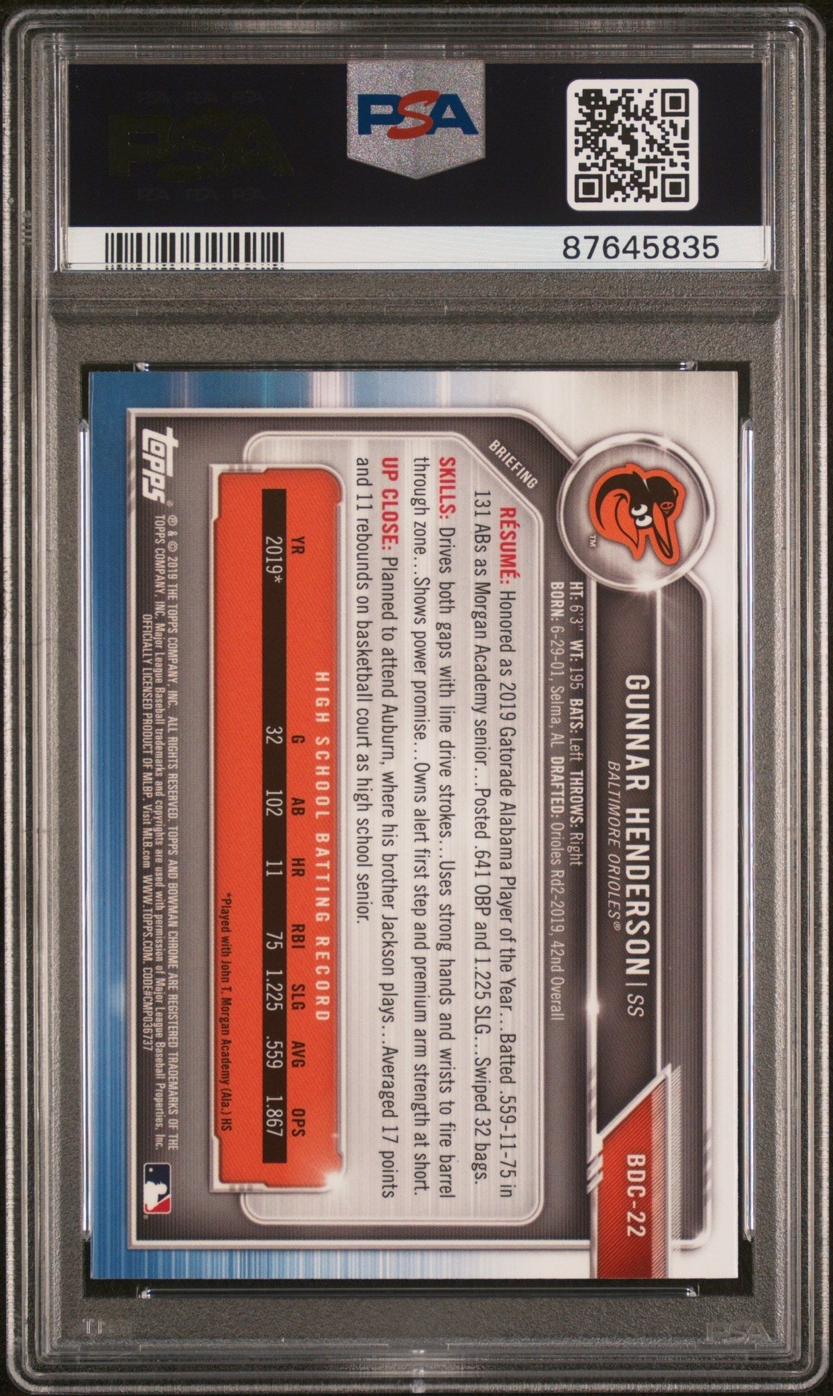 Graded 2019 Topps Bowman Draft Gunnar Henderson #BDC22 Chrome Rookie RC Baseball Card PSA 10 Gem Mint