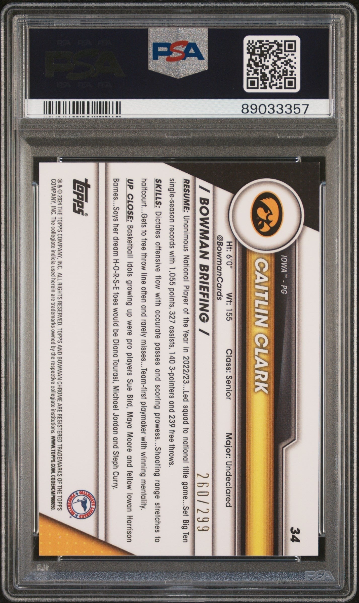 Graded 2023 Topps Bowman U Chrome Caitlin Clark #34 Aqua /299 Rookie RC Basketball Card PSA 10 Gem Mint