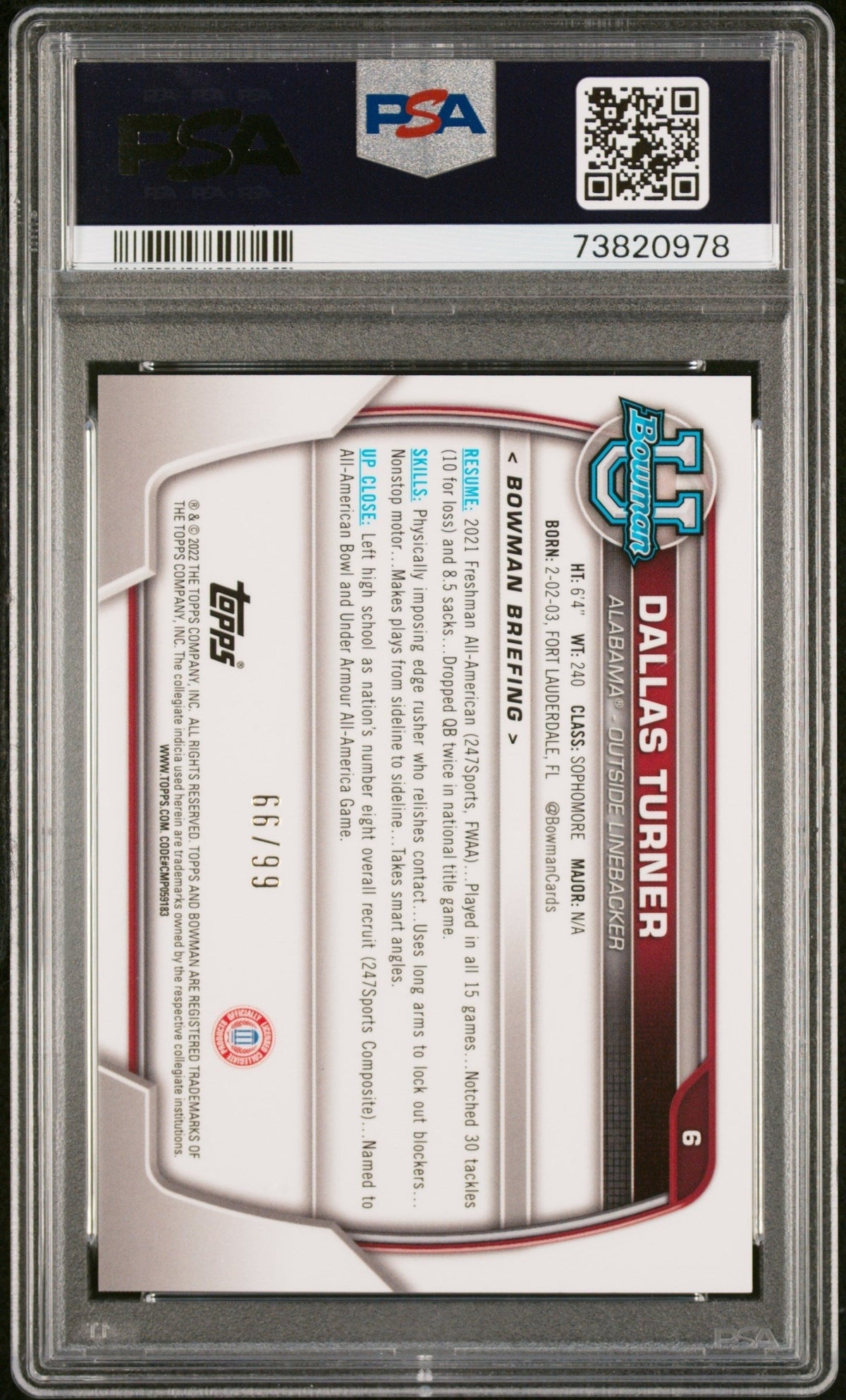 Graded 2022 Topps Bowman University Dallas Turner #6 Chrome Prospects Green Shimmer Refractor /99 Rookie RC Football Card PSA 10 Gem Mint
