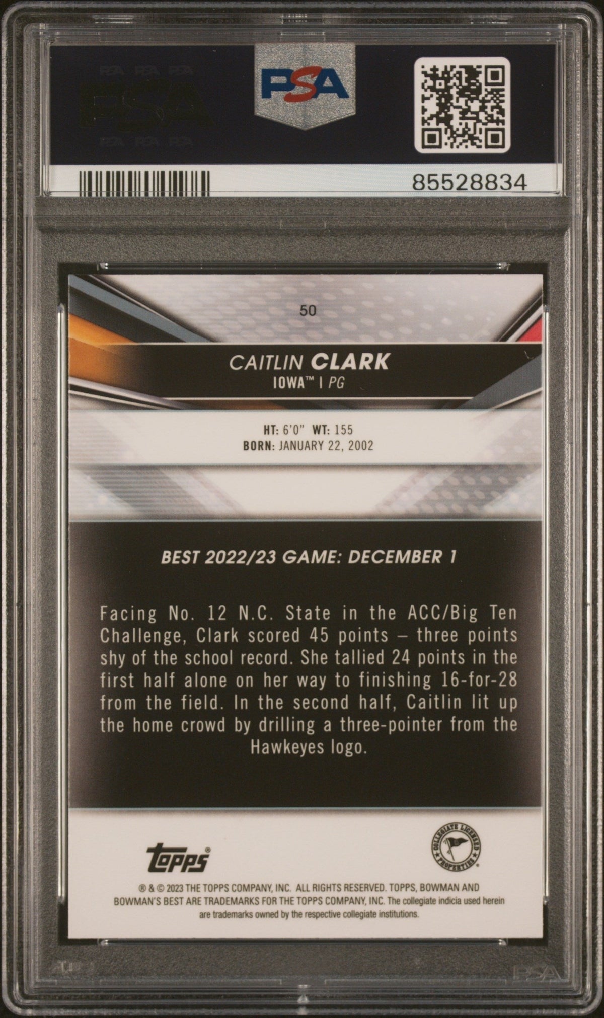 Graded 2022 Topps Bowman University Best Caitlin Clark #50 Rookie RC Basketball Card PSA 9 Mint