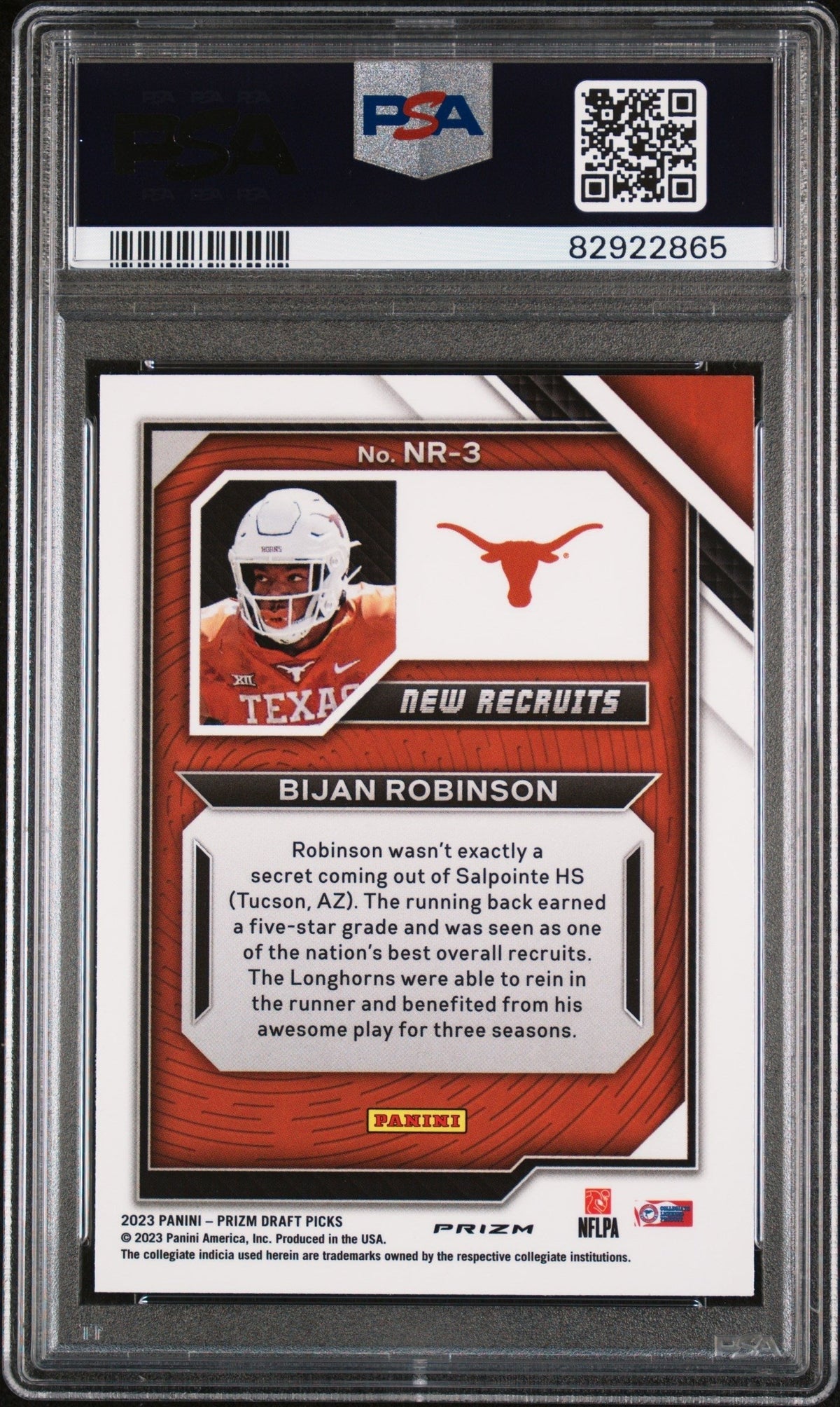 Graded 2023 Panini Prizm Draft Picks Bijan Robinson #NR3 New Recruits Red Ice Rookie RC Football Card PSA 10 Gem Mint