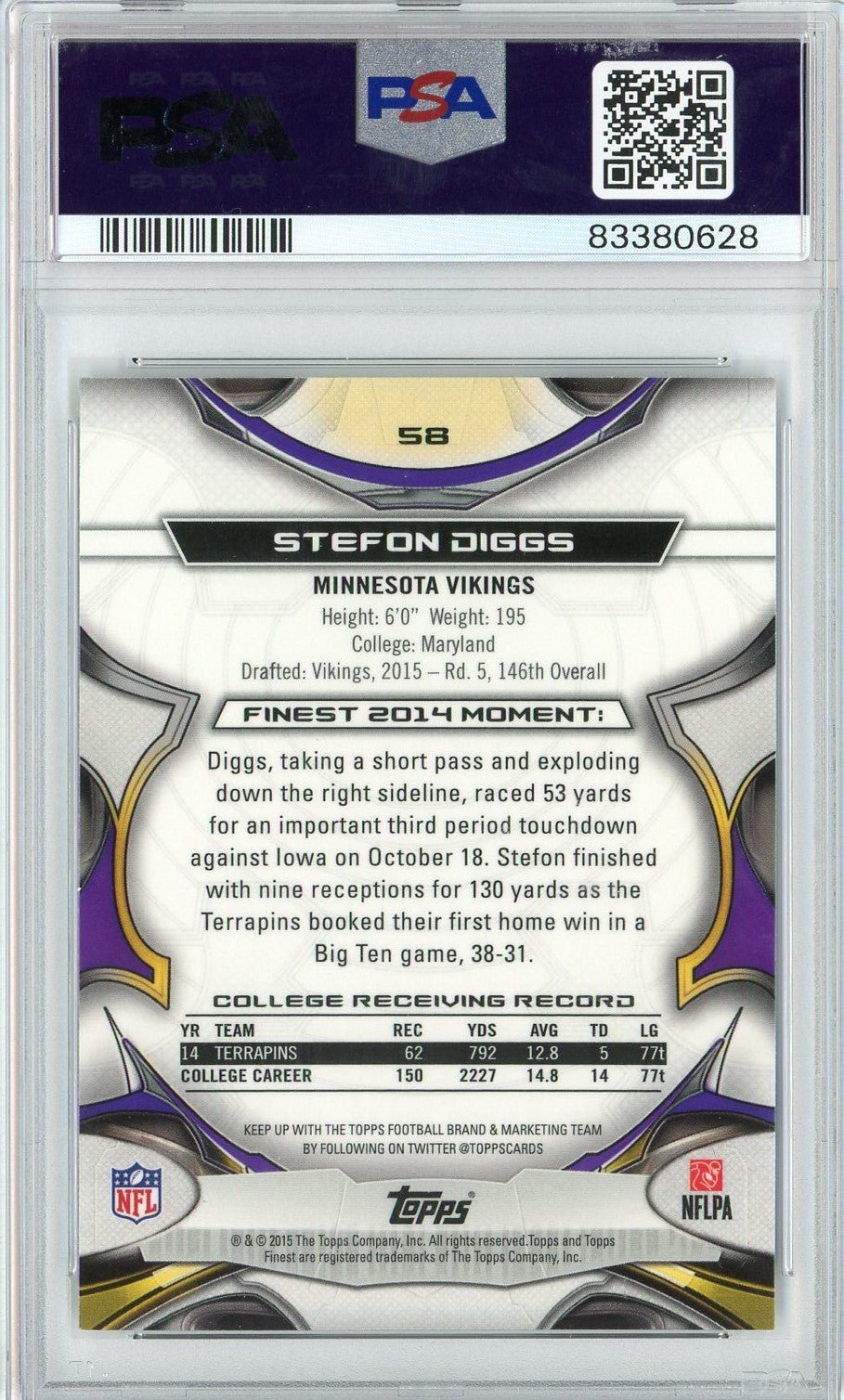 Graded 2015 Topps Finest Stefon Diggs #58 Rookie RC Football Card PSA 10 Gem Mint