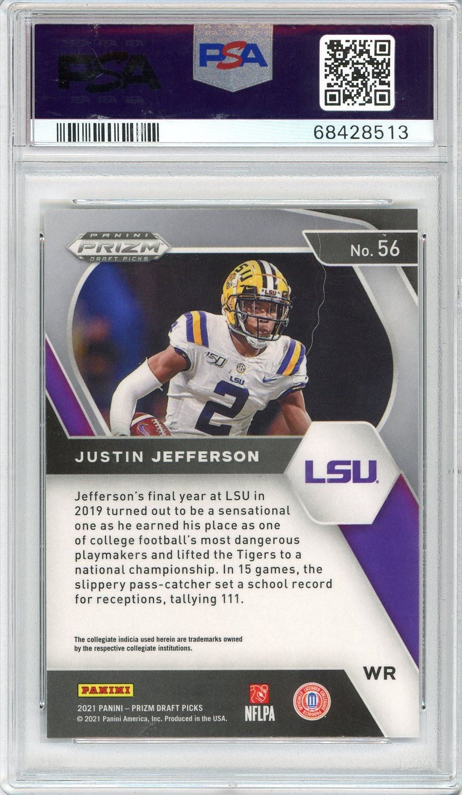 Graded 2021 Prizm Draft Picks Justin Jefferson #56 Football Card PSA 10 Gem Mint
