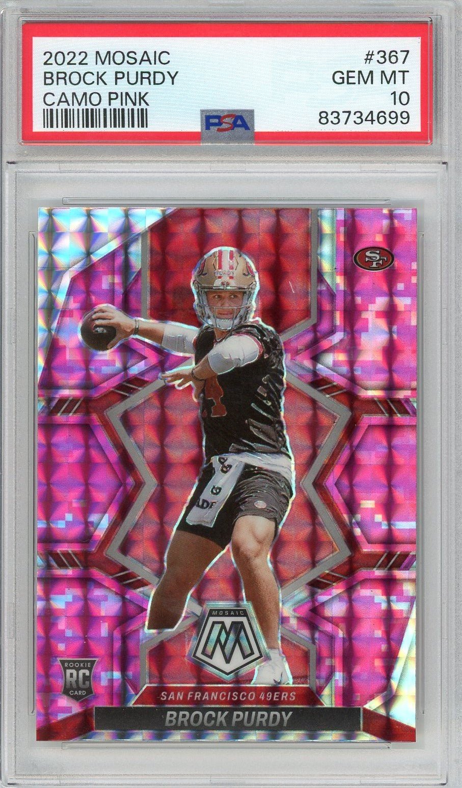 Graded 2022 Panini Mosaic Brock Purdy #367 Camo Pink Rookie RC Football Card PSA 10 Gem Mint