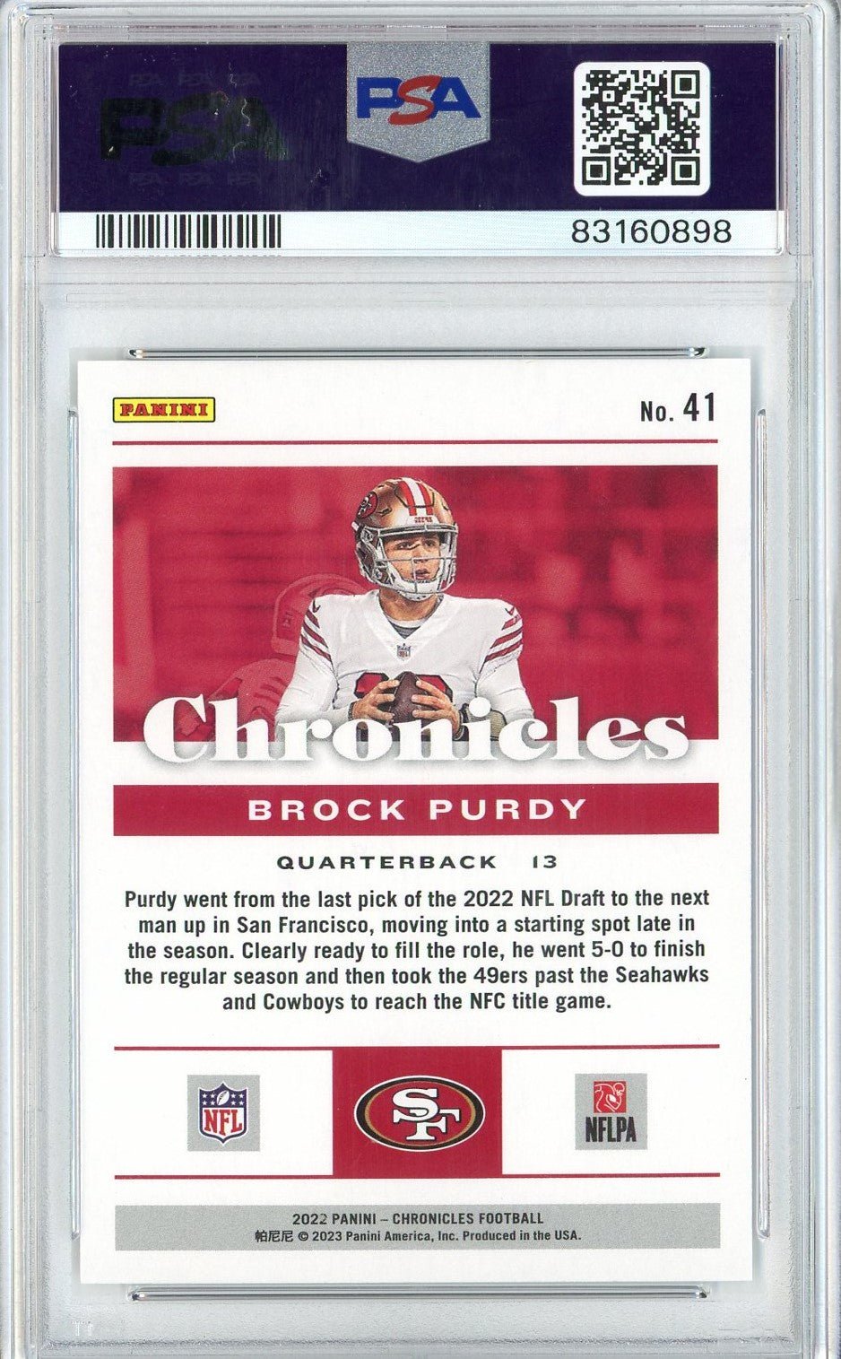 Graded 2022 Panini Chronicles Brock Purdy #41 Rookie RC Football Card PSA 10 Gem Mint